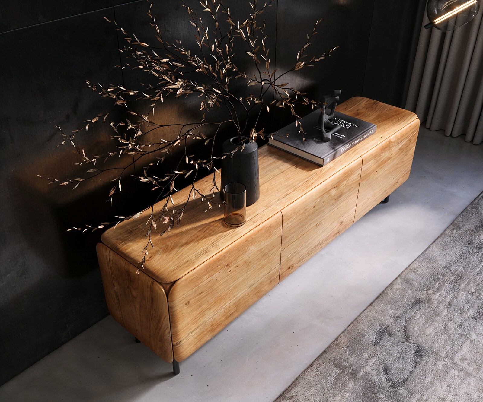 ТВ шкаф Shavani 175 cm естествена акация 2 врати 2 чекмеджета метал черен 3