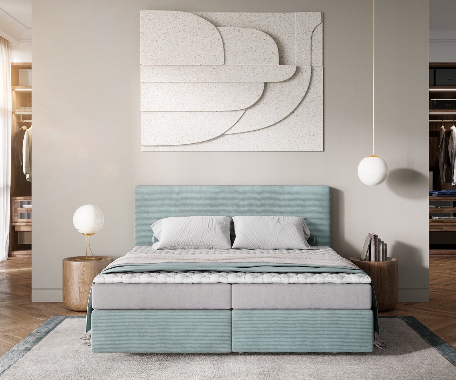 Легло Боксспринг 180x200 cm Корд Пастелено син с Матрак и Топер Dream-Well 1