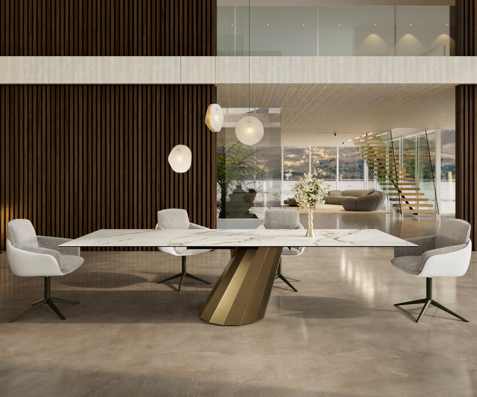 Трапезна маса Edge 300x100 керамика Calacatta Luxe бяло-златисто-сиво Parabel металик злато 1