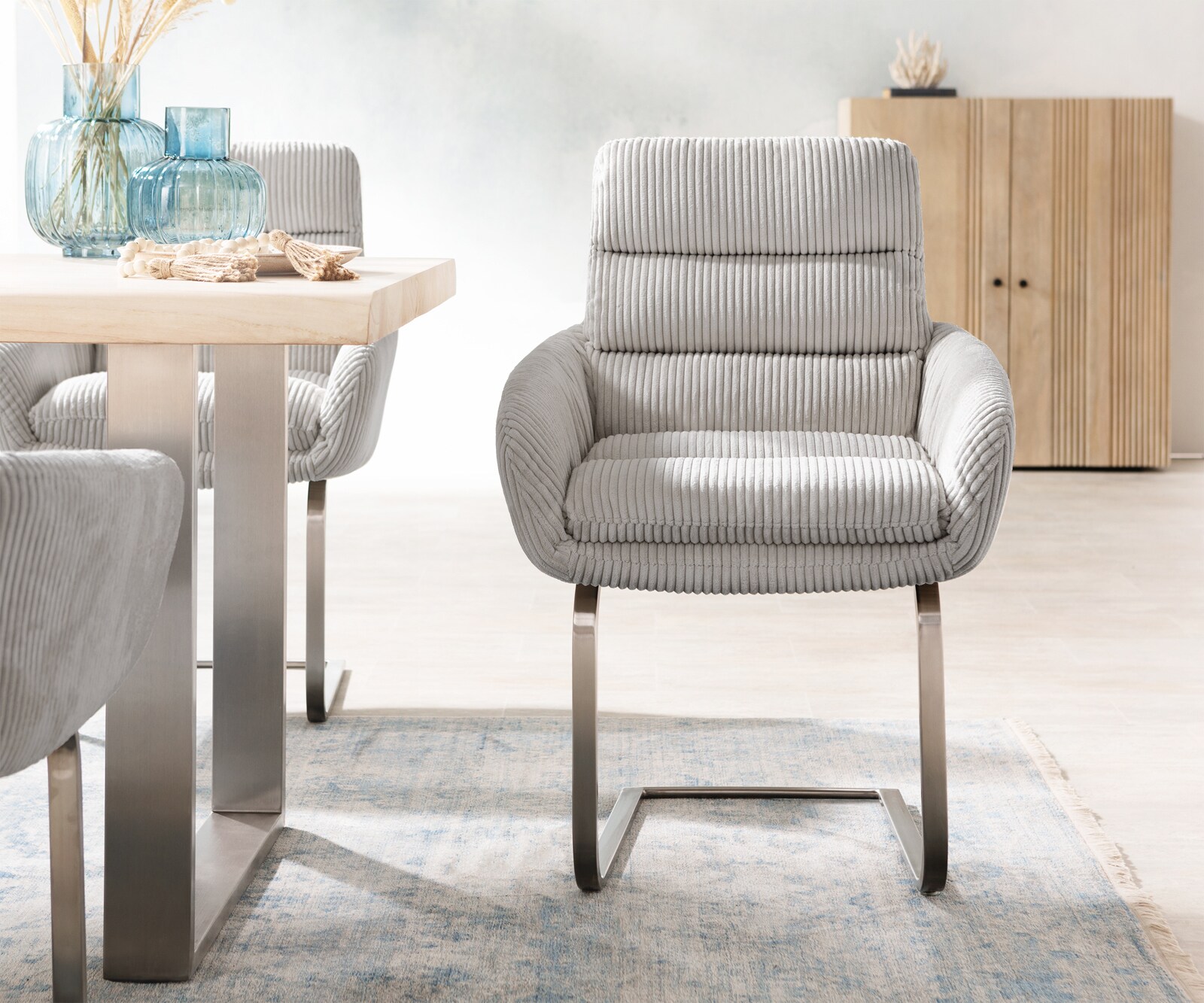 Люлеещ стол с подлакътници Корд Сребристо сив Конзолен крак плосък Неръждаема стомана Abelia-Flex 1 Люлеещ стол с подлакътници Корд Сребристо сив Конзолен крак плосък Неръждаема стомана Abelia-Flex 1