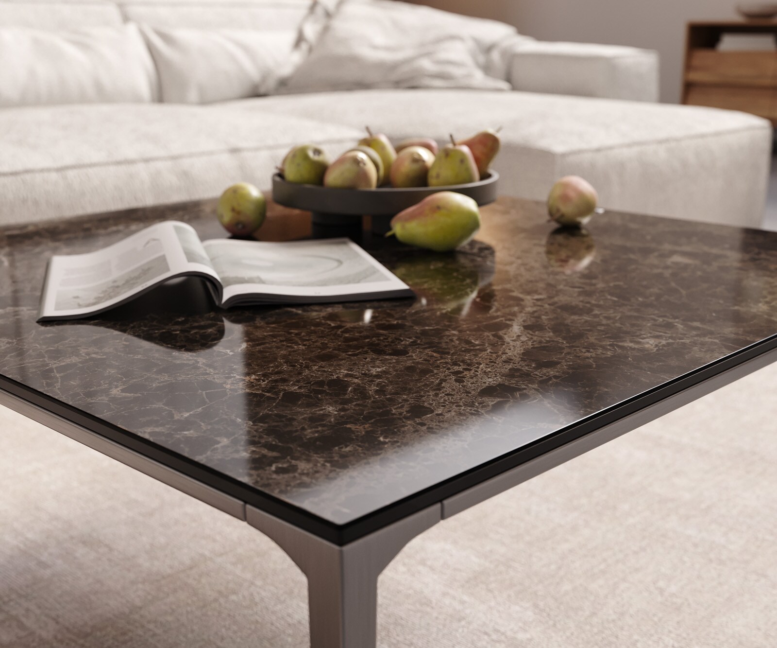 Масичка за кафе Levente 85x85 cm керамика Laminam®Emperador Extra Lucidato тъмнокафяво Рамка от неръждаема стомана сребро 4