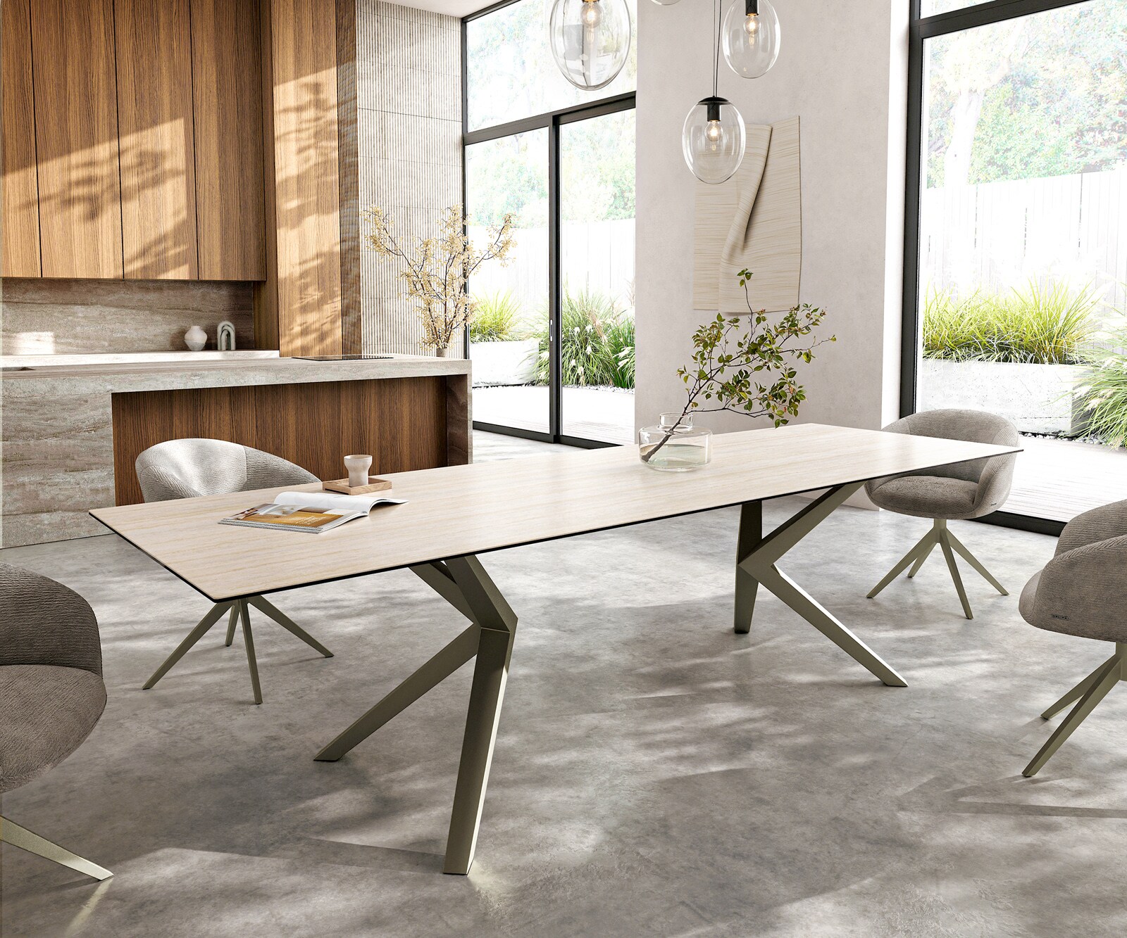 Трапезна маса Edge 300x100, керамика Laminam „®“, Travertino Bianco, кремаво-бяла, Zenthara, с остри ръбове, метално покритие с ефект „Титан“ 1
