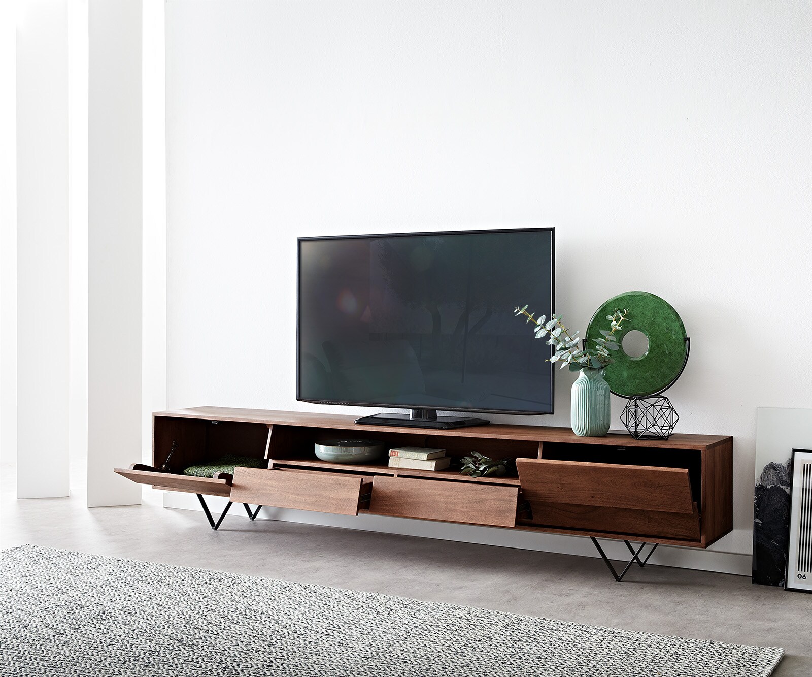ТВ шкаф 240x35 cm Акация Кафяв 2 Врати 2 Чекмеджета V-Крак Черен Eloi 3