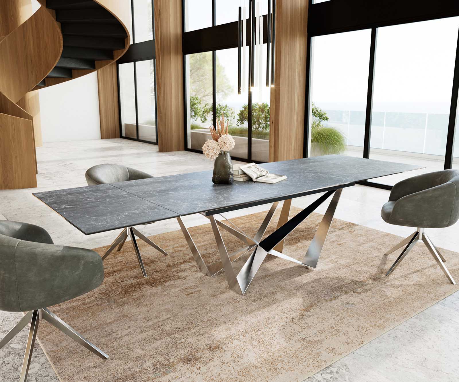 Разтегателна трапезна маса Edge 200-300х100 см Керамика Laminam® Nero Greco Антрацит Основа стомана тип Spider Сребристосив 4