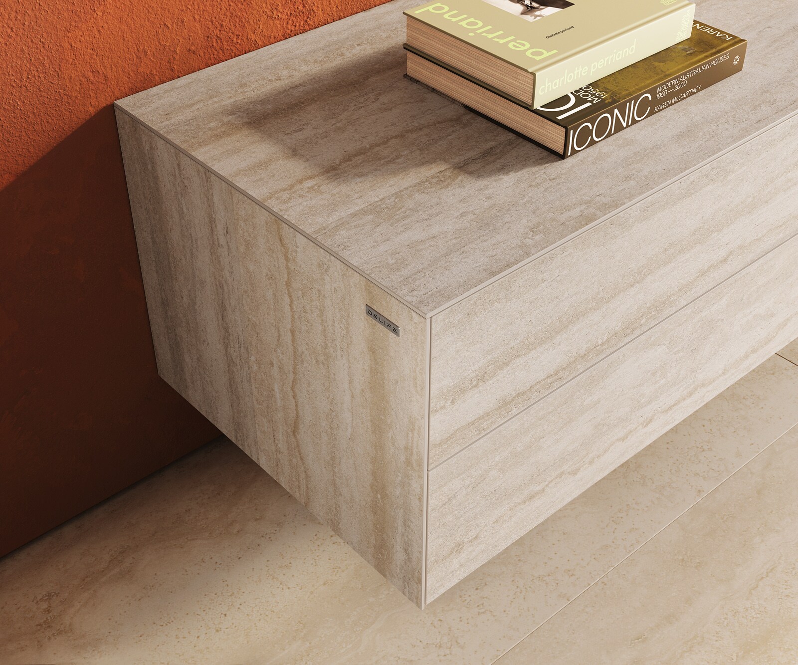 Стенен ТВ шкаф Cuor 180 см Керамика Laminam® Travertino Bianco Крем-бяло 1 врата 2 чекмеджета  5