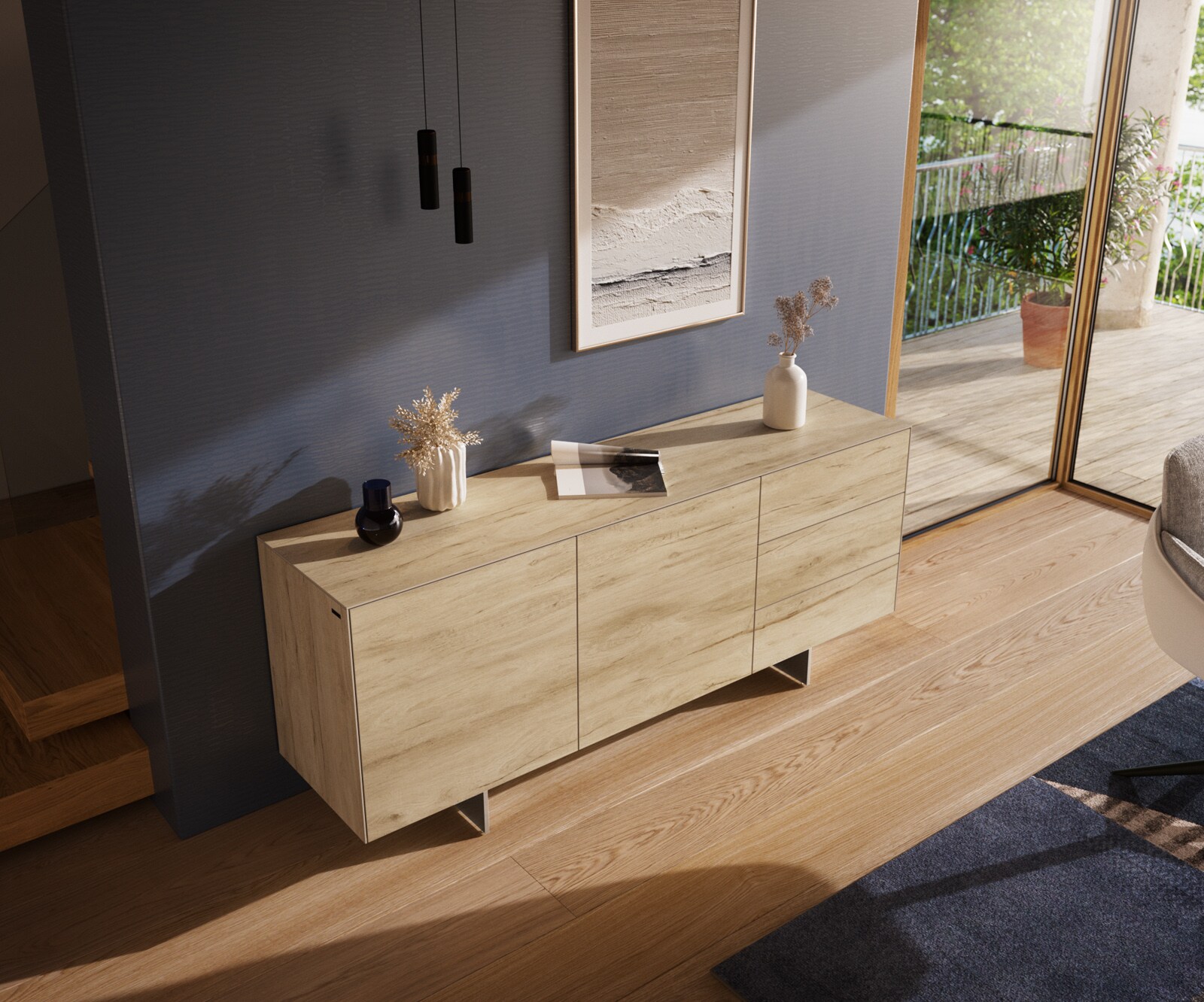Бюфет Cuor 180 см Керамика Laminam® Sabbia Дъбов цвят 2 врати 3 чекмеджета Основа Неръждаема стомана 3