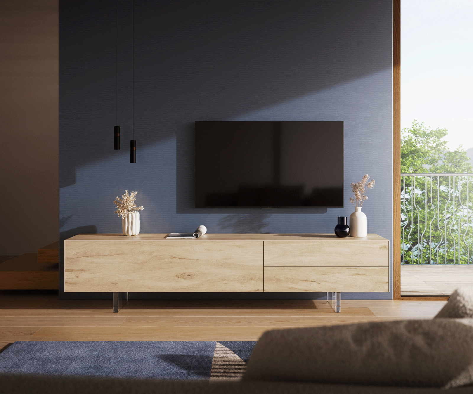 ТВ шкаф Cuor 220 см Керамика Laminam® Sabbia Дъбов цвят 1 врата 2 чекмеджета Основа Акрилно стъкло 1