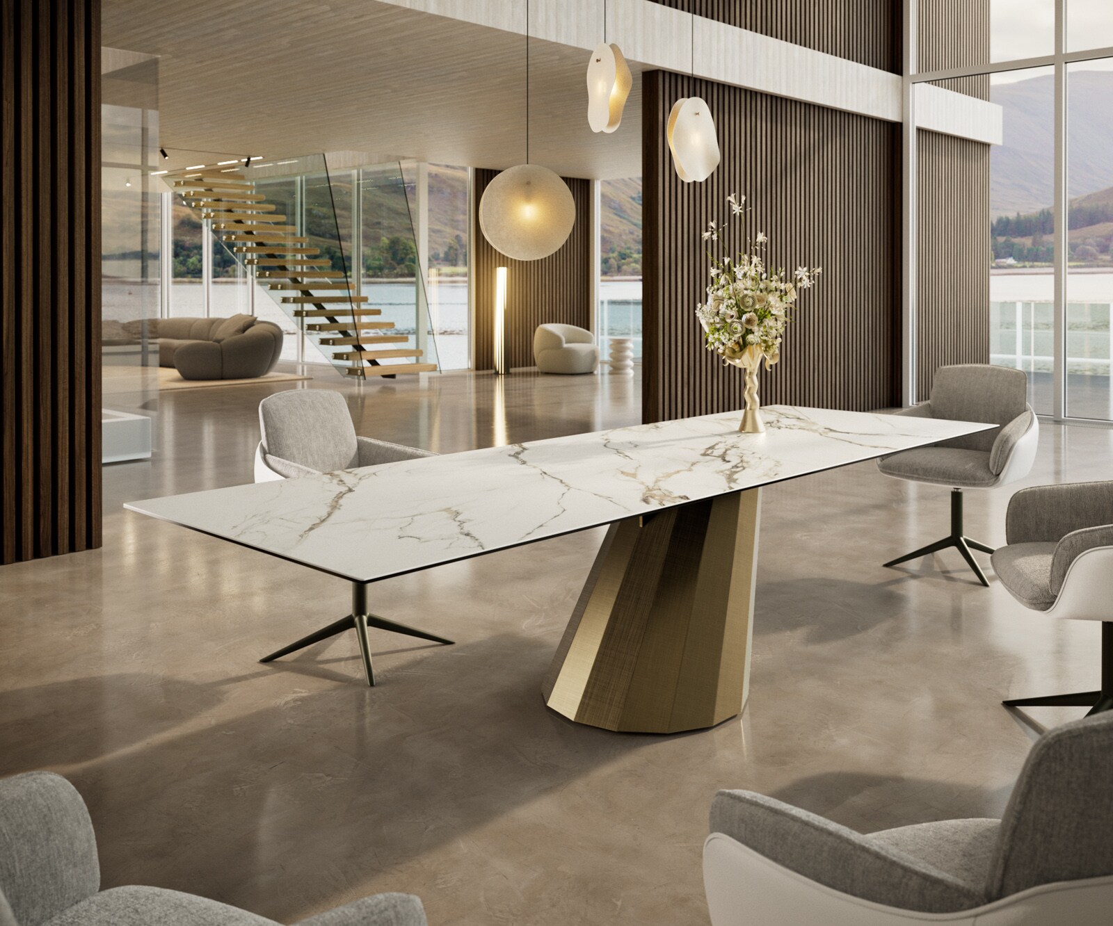 Трапезна маса Edge 300x100 керамика Calacatta Luxe бяло-златисто-сиво Parabel металик злато 2