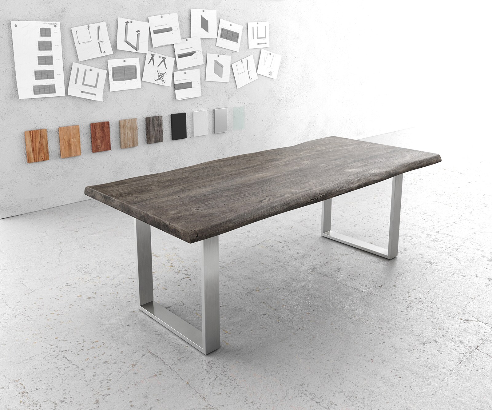 Трапезна маса Edge 220x100 см XL, акация, платинен неръждаем стоман, тясна, с естествена кромка