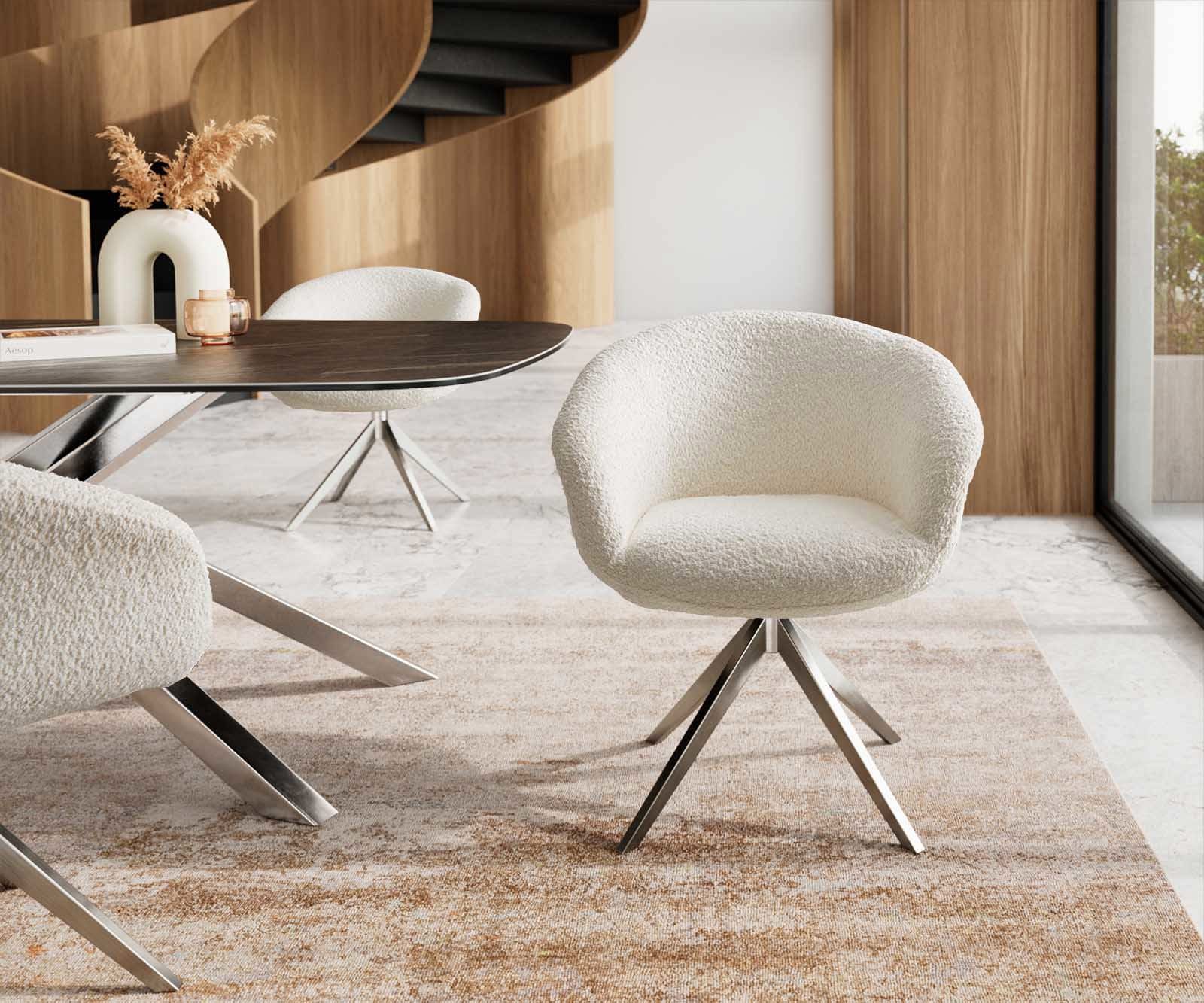 Врътящ се стол с подлакътници Букле Бял Конус крак плосък Неръждаема стомана 360° въртящ се Покет пружина Vinka-Flex 1 Врътящ се стол с подлакътници Букле Бял Конус крак плосък Неръждаема стомана 360° въртящ се Покет пружина Vinka-Flex 1