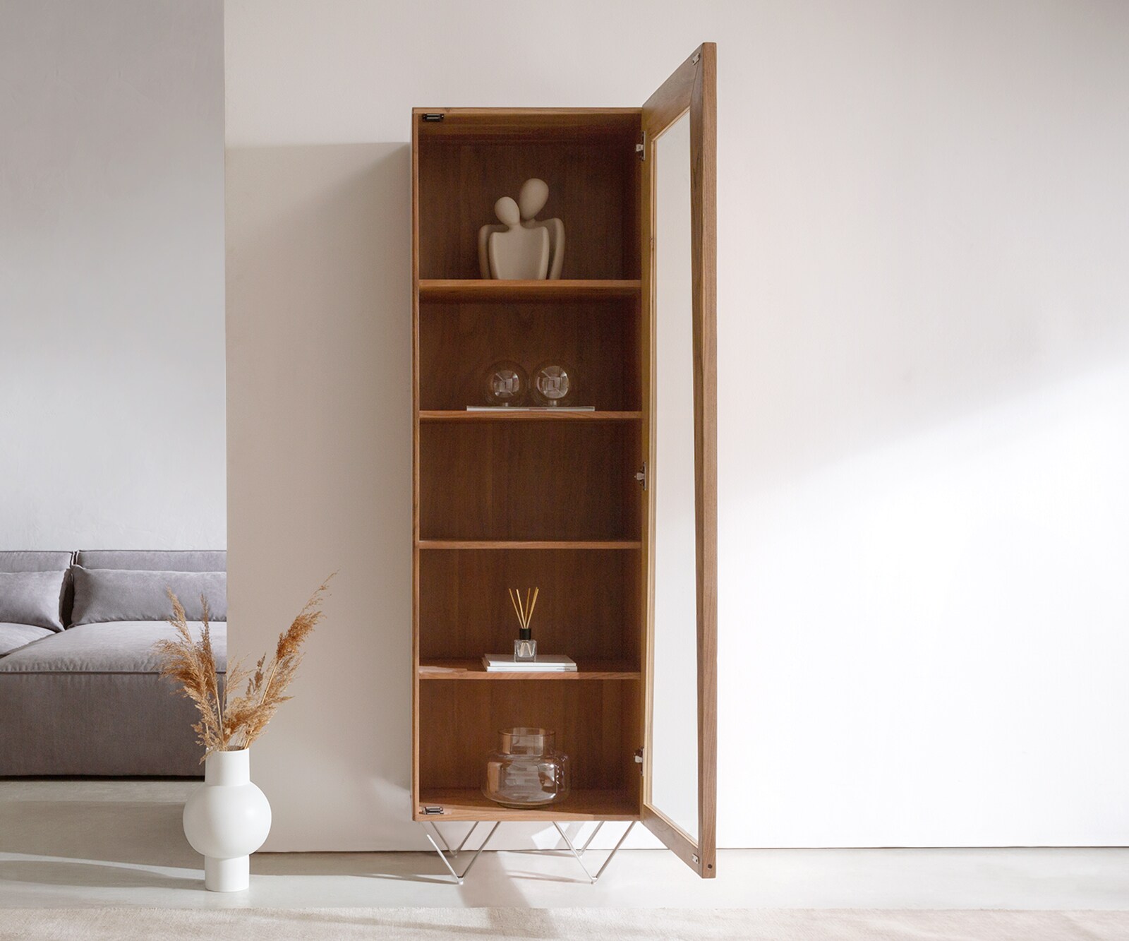 Висок шкаф 55x180 cm Акация Натурал витрина 1 Врата V-Крак Kayu 3