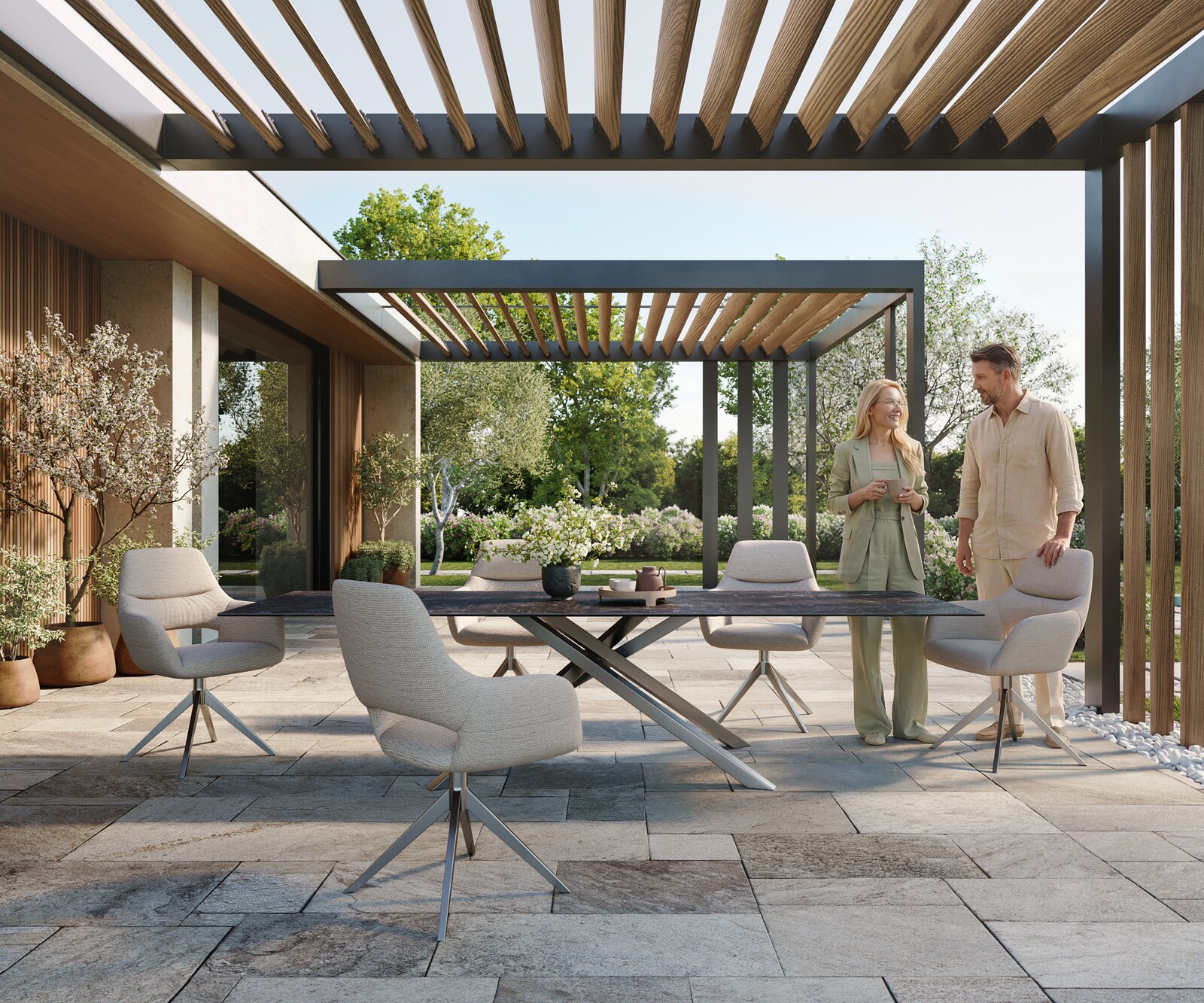 Маса Edge 300x100 см, керамика Laminam „®“, „Nero Greco“, Подходяща за външна употреба, антрацит, кръстообразна рамка, правоъгълна, неръждаема стомана 2