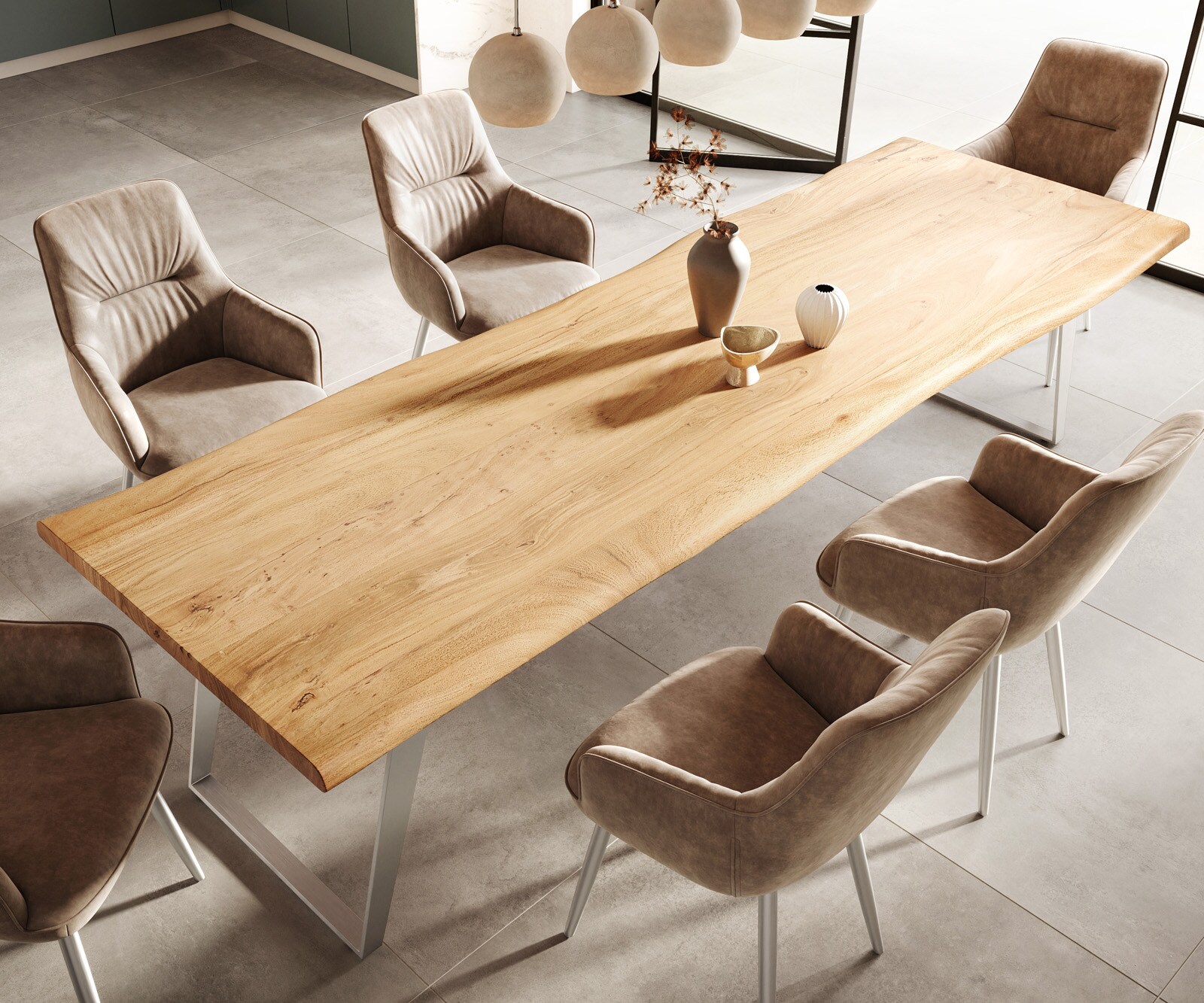 Маса 300x100cm Акация Натурал Неръждаема стомана Сребрист под ъгъл Edge 5