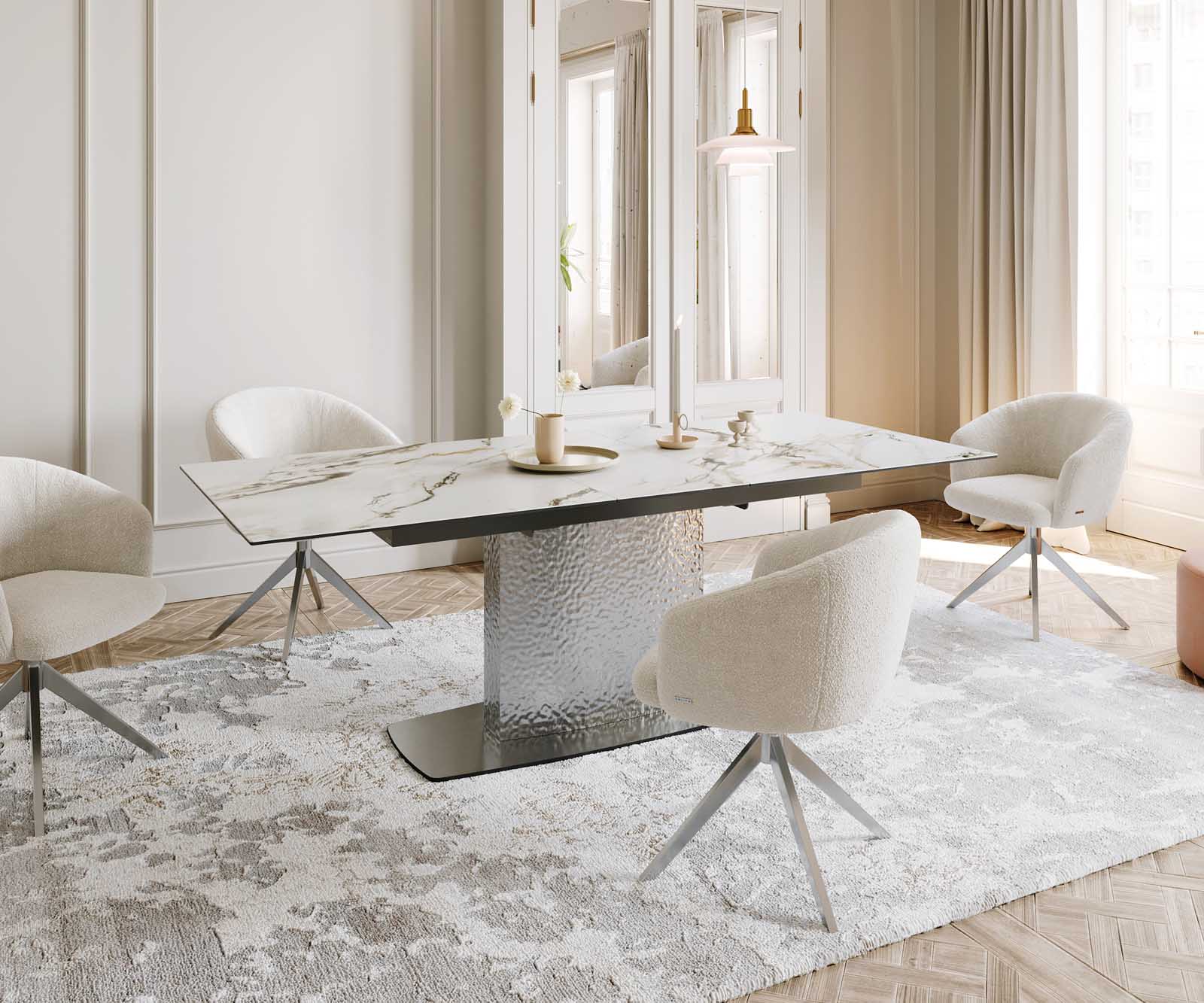 Разтегателна трапезна маса Edge 180-220х100 см Керамика Calacatta Luxe Бял-Злато-Сив Един крак основа Сребристосив 8