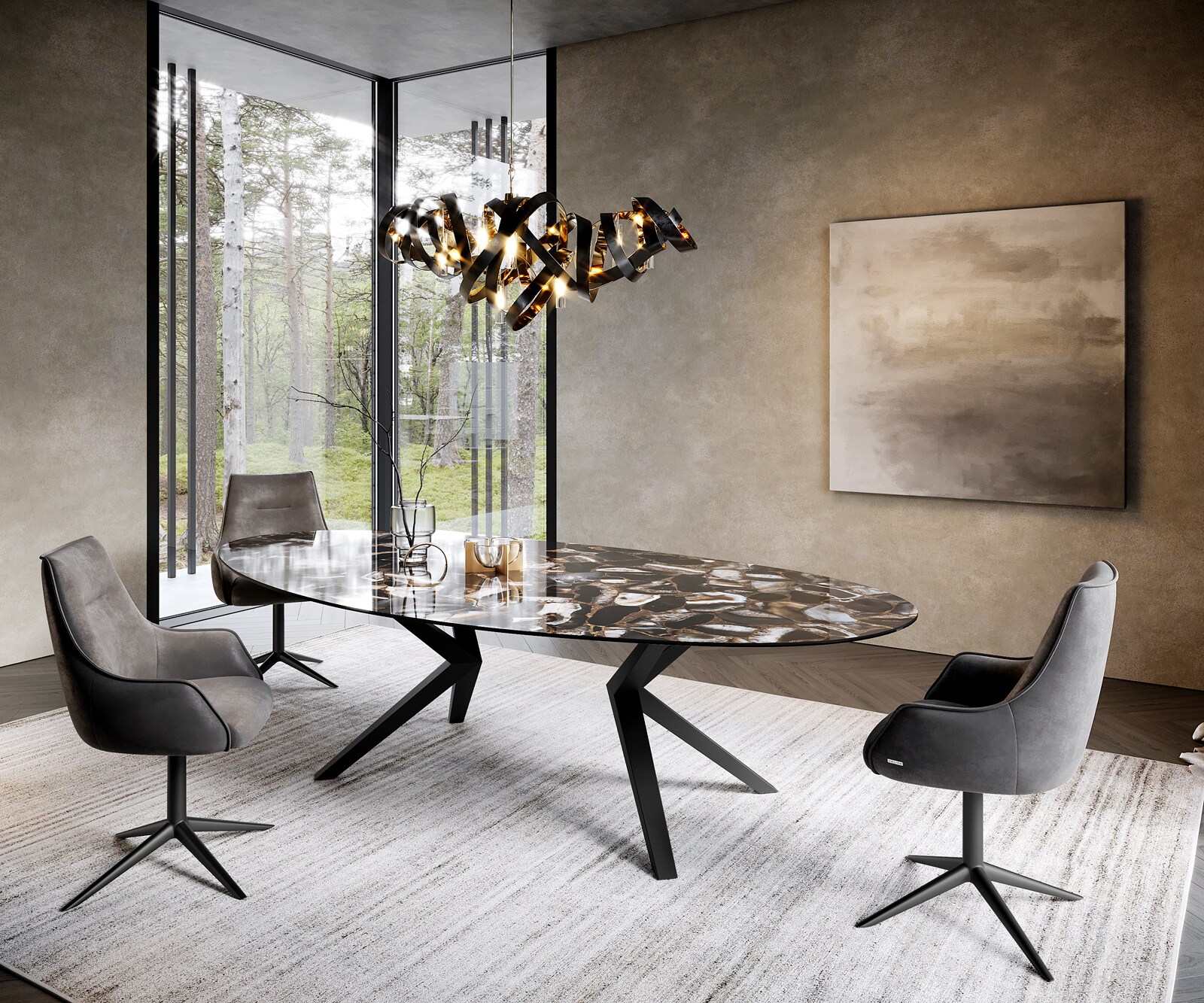 Трапезна маса Edge Oval 280x130, керамика Iris FMG Agatablack, Zenthara с остри ръбове, метал, черна 4