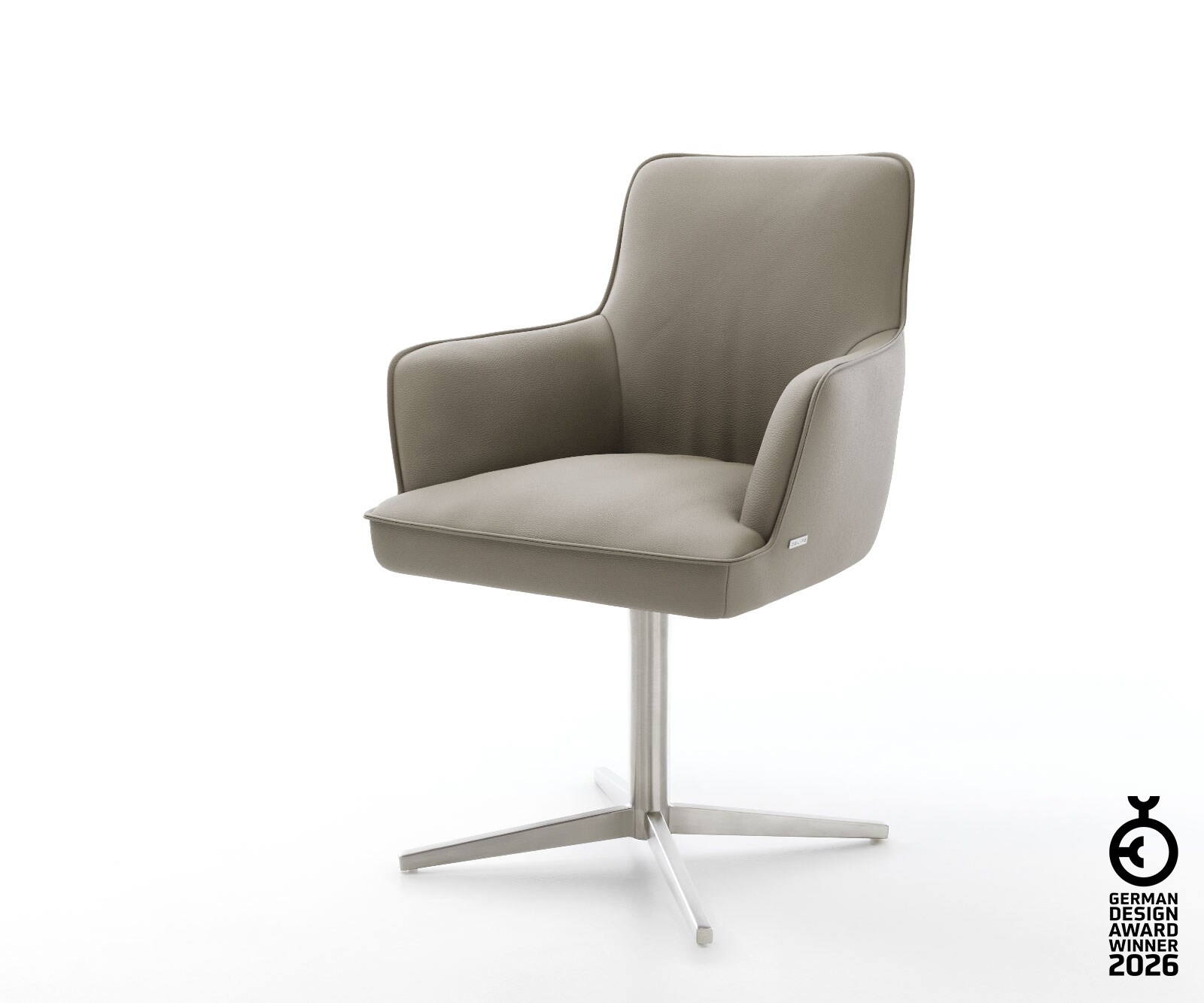 Врътящ се стол с подлакътници Естествена кожа Сиво-Кафяв Офис основа Неръждаема стомана 360° въртящ се Покет пружина Heira-Flex