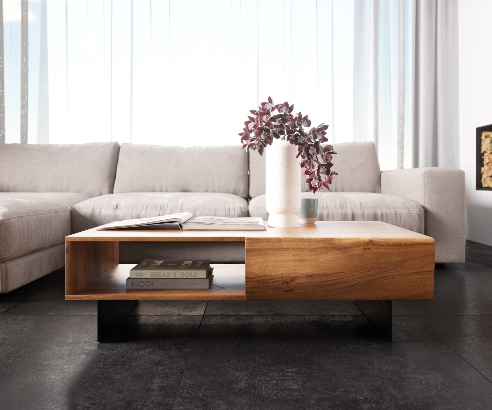 Масичка за кафе New Live-Edge acacia natural 115x60 cm 2 чекмеджета 1 рафт 2