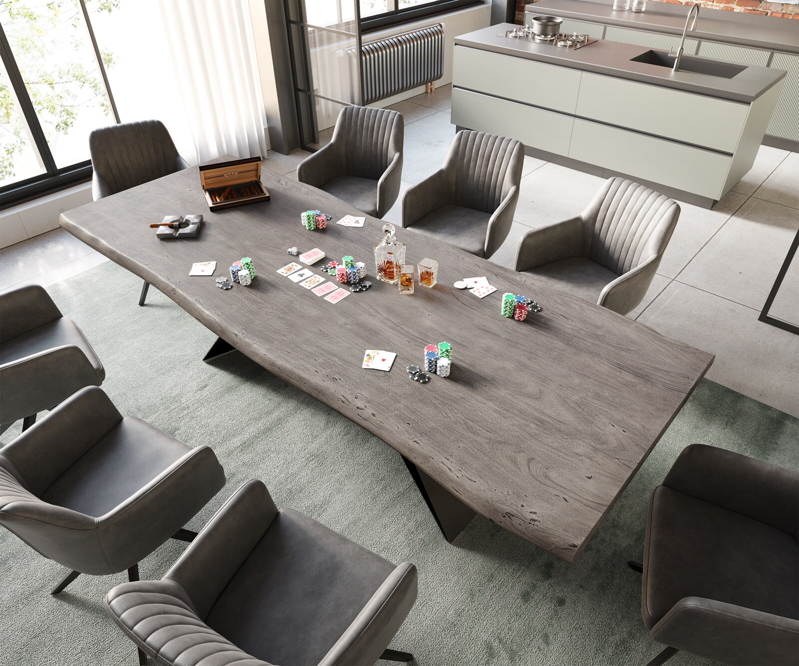 Маса 260x100 XL Акация Платинен цвят V-Рамка плоска стомана Черен Edge 1