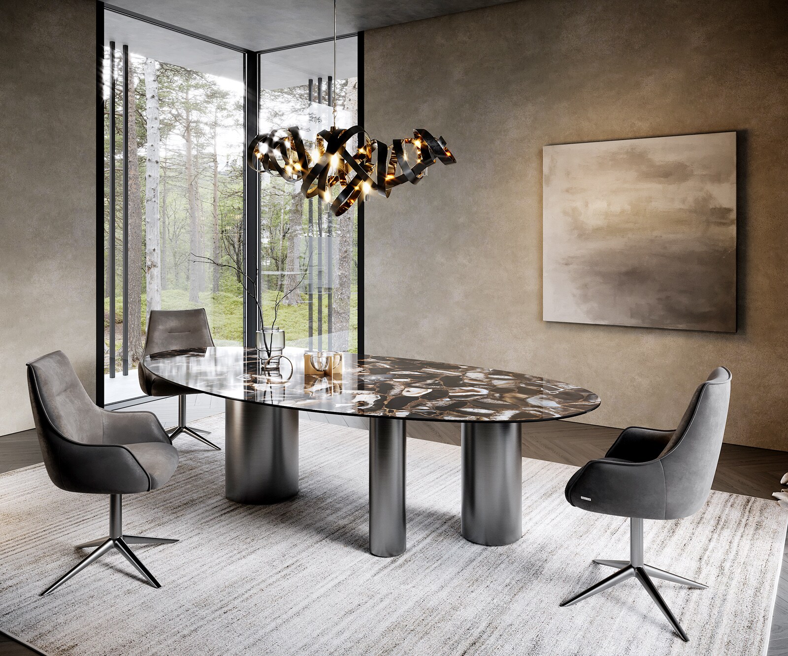 Трапезна маса Edge Oval 280x130, керамика Iris FMG Agatablack, Troa от неръждаема стомана, графит 5
