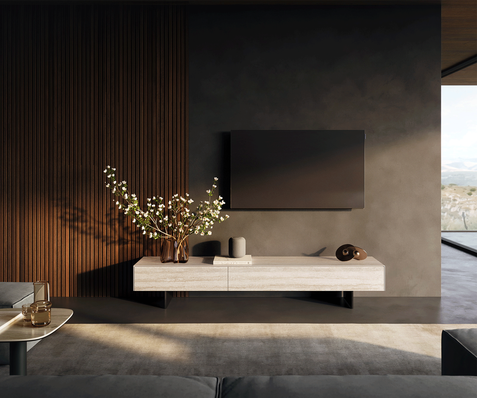 Ниска дъска Cuor 200 cm Керамичен ламинат® Travertino Bianco Крем-бяло 1 клапа 1 чекмедже Основа Окачен поглед Метал черен 2