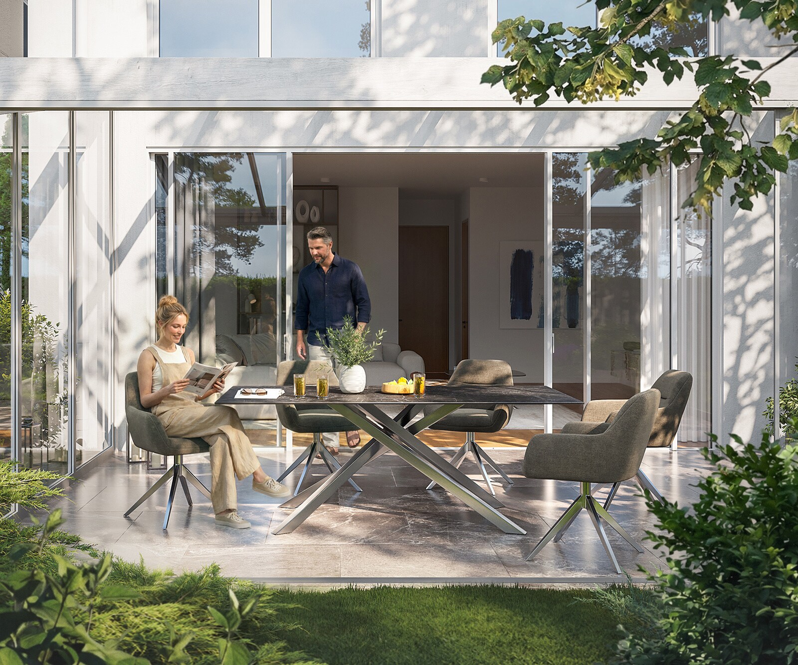 Маса Edge 200x100 см, керамика Laminam „®“, Подходяща за външна употреба, Nero Greco, антрацит, кръстовидна рамка, правоъгълна, неръждаема стомана 1