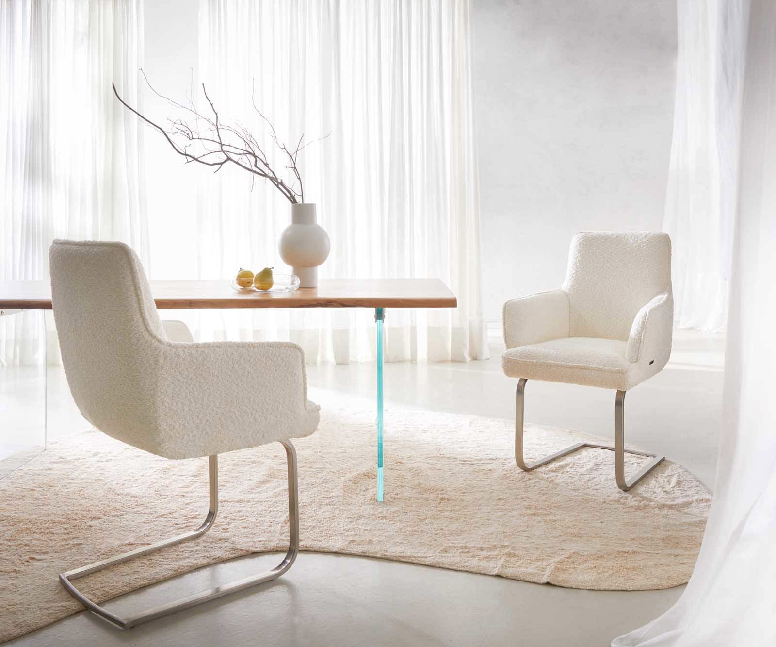 Люлеещ стол с подлакътници Букле Бял Конзолен крак плосък Неръждаема стомана Покет пружина Heira-Flex 5 Люлеещ стол с подлакътници Букле Бял Конзолен крак плосък Неръждаема стомана Покет пружина Heira-Flex 5