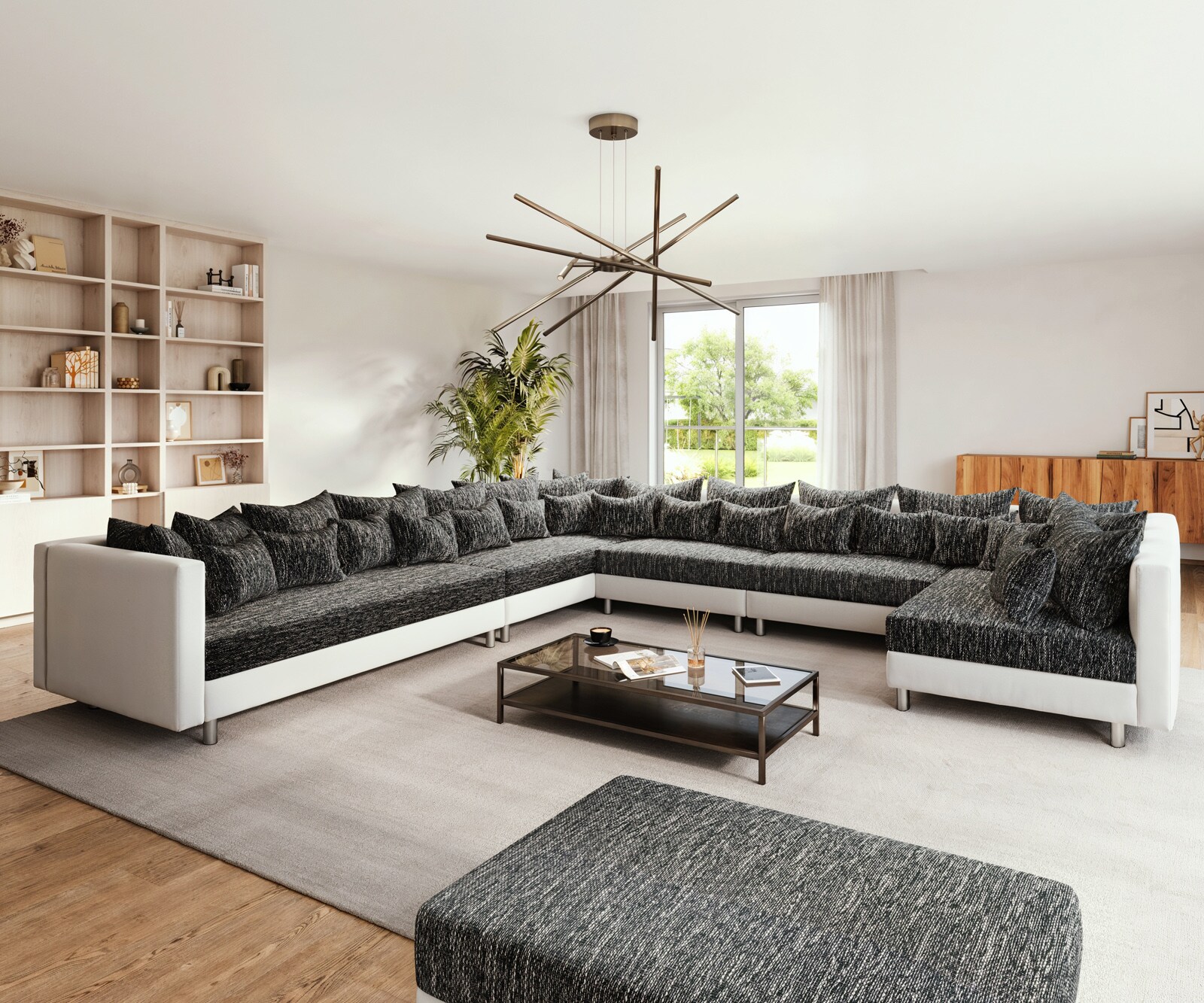 Холна гарнитура XXL Бял Черен с Табуретка Лежанка Лява Clovis Холна гарнитура XXL Бял Черен с Табуретка Лежанка Лява Clovis