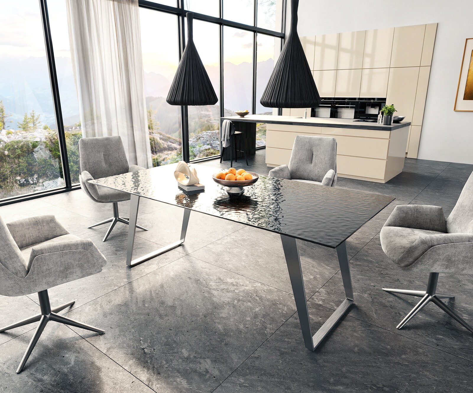Трапезна маса Edge 200x100 Relief стъкло опушено черно 3D дизайн неръждаема стомана под ъгъл 5