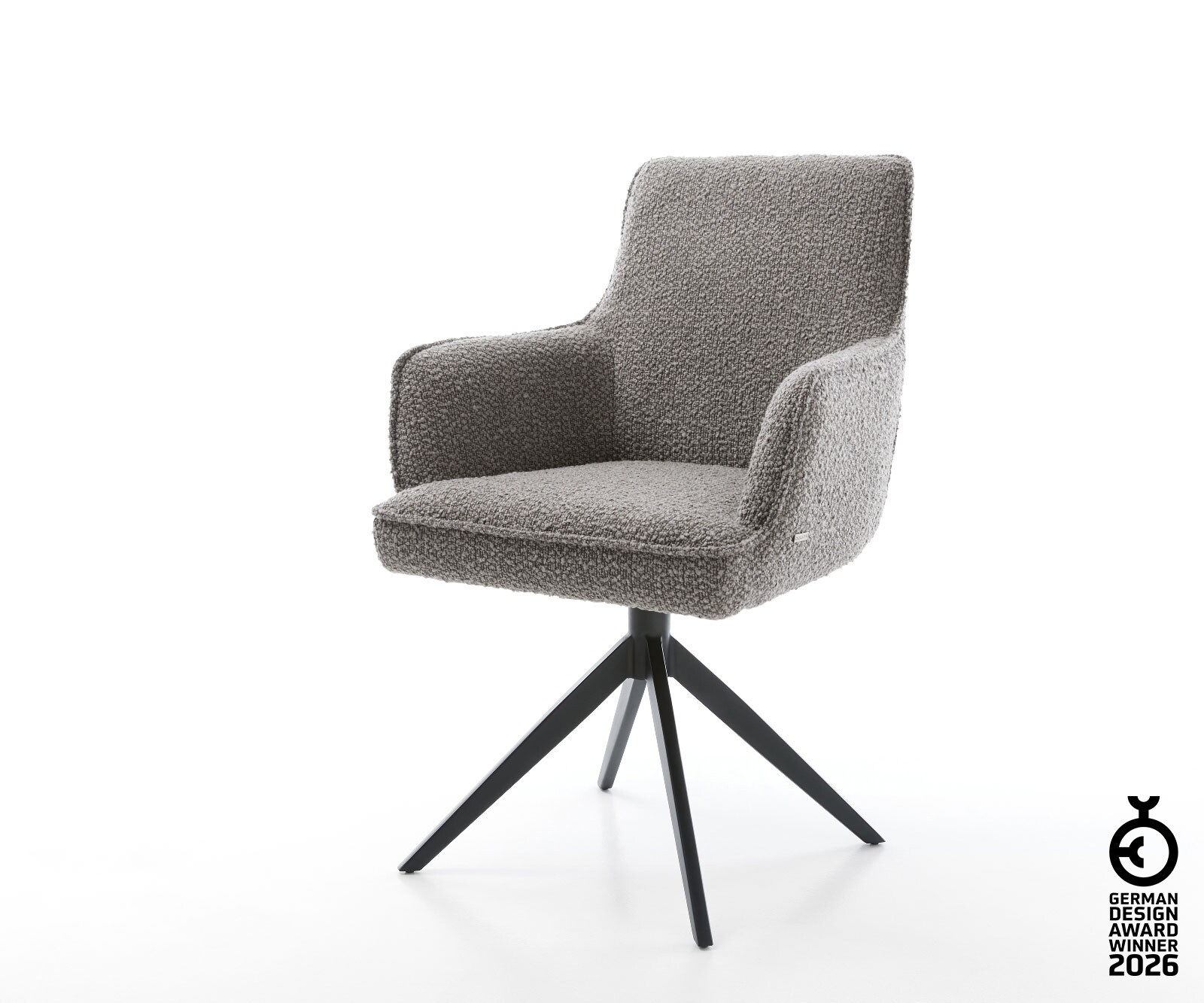 Въртящ се стол Heira-Flex с подлакътници Bouclé сребристо-сиво Кръстосана рамка широка черна 360° въртене Функция люлеене Ядро от джобни пружини 1