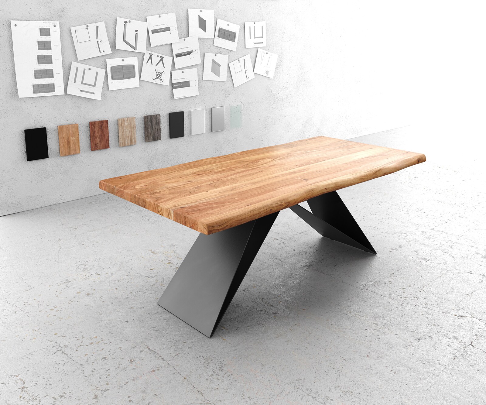 Маса 200x100 XL Акация Натурал V-Рамка плоска стомана Черен Edge 1