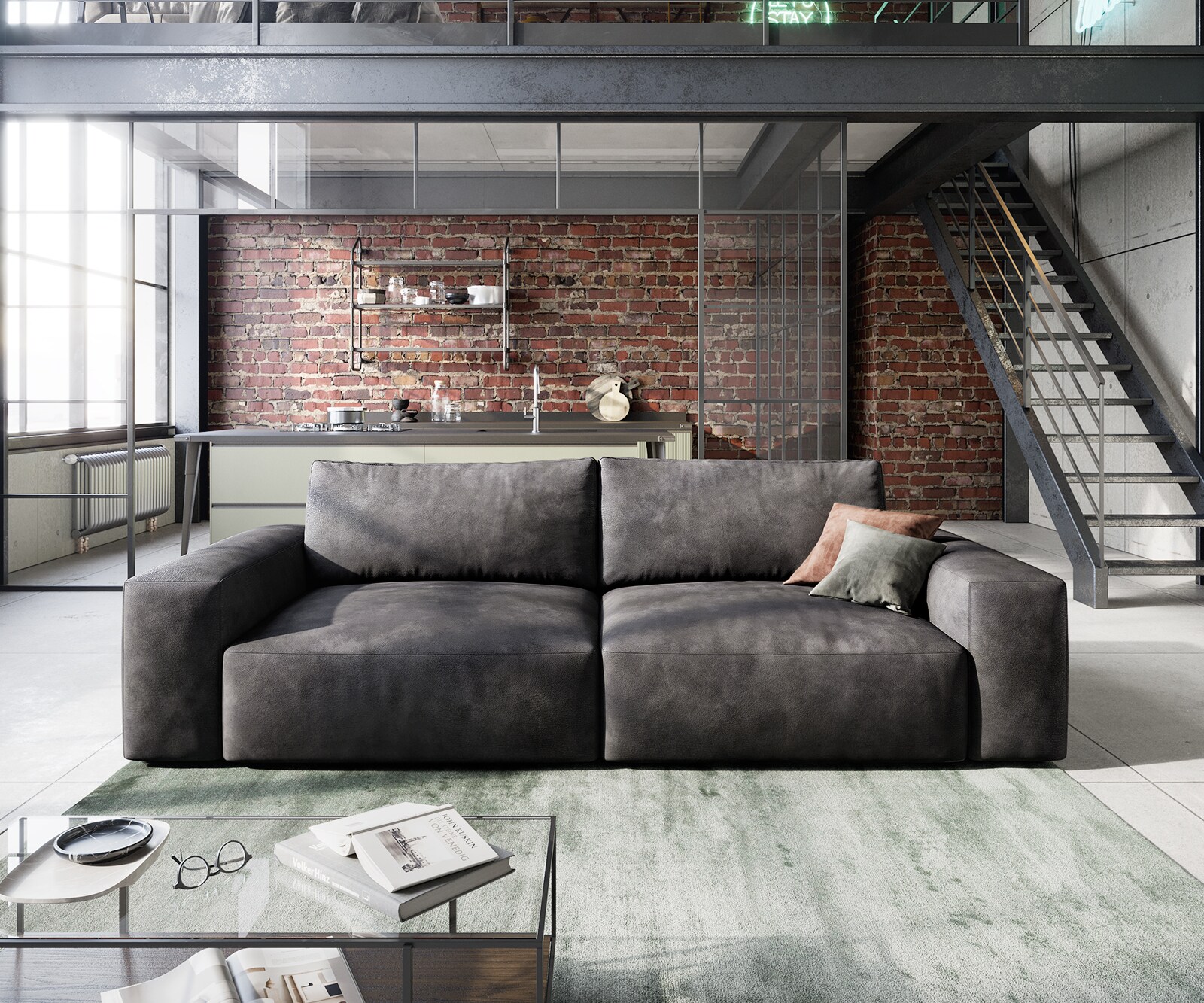 Голям диван L 260x110 cm Имитация на кожа Винтидж Антрацит Lanzo 1