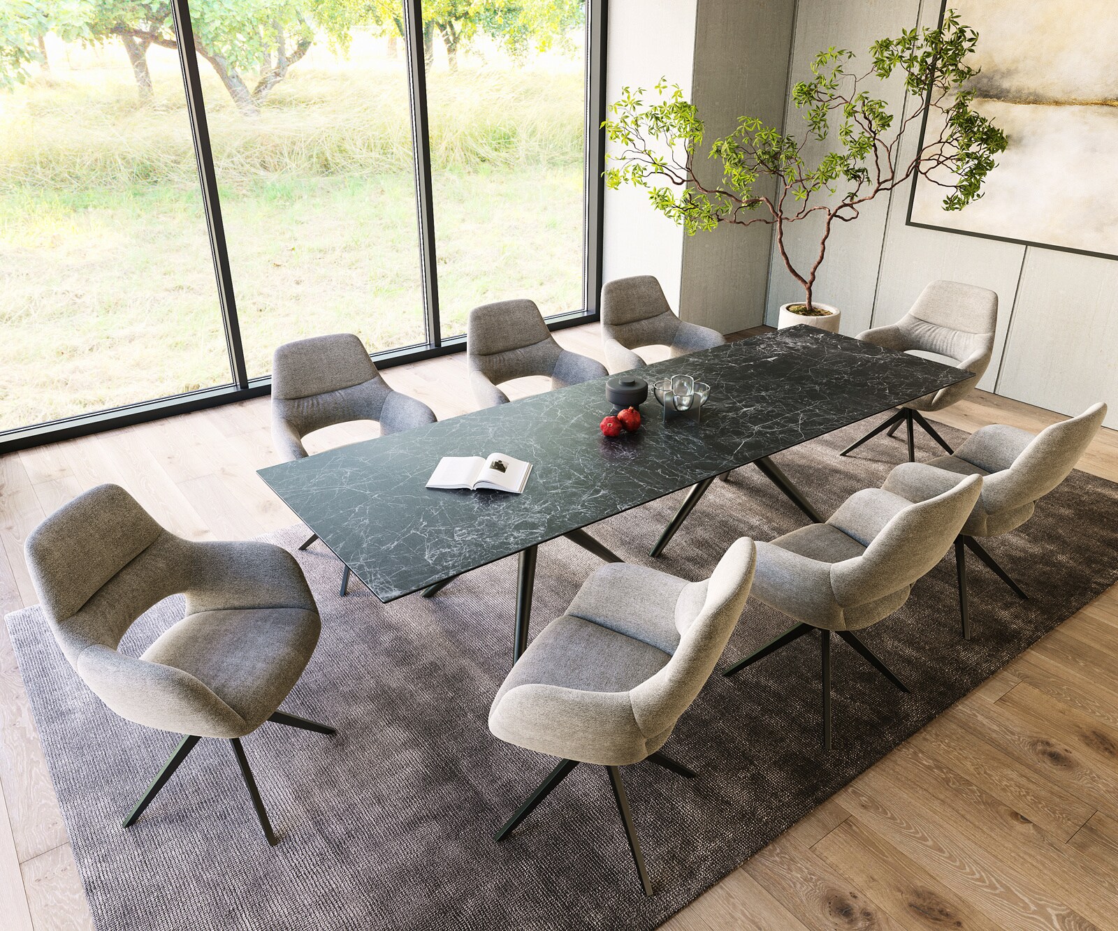 Трапезна маса Edge 300x100, керамика Laminam „®“, „Nero Greco“, „Anthrazit“, „Estelar“, кръгла, метал, черна 5