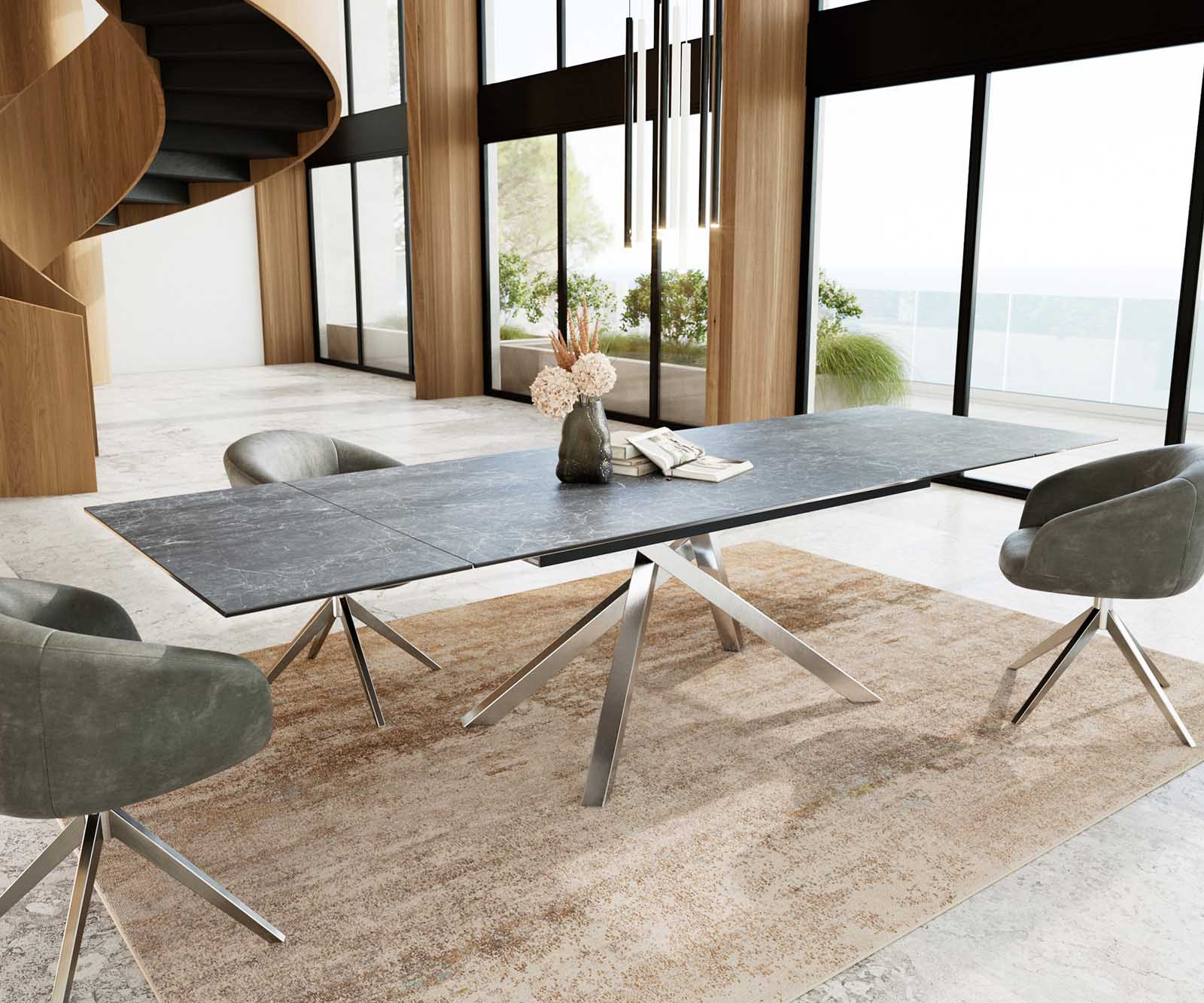 Разтегателна трапезна маса Edge 200-300х100 см Керамика Laminam® Nero Greco Антрацит Кръсртовидна основа Сребристосив 6