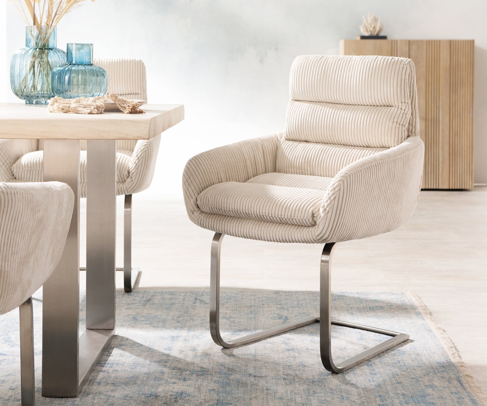 Люлеещ стол с подлакътници Корд Бежов Конзолен крак плосък Неръждаема стомана Abelia-Flex Люлеещ стол с подлакътници Корд Бежов Конзолен крак плосък Неръждаема стомана Abelia-Flex