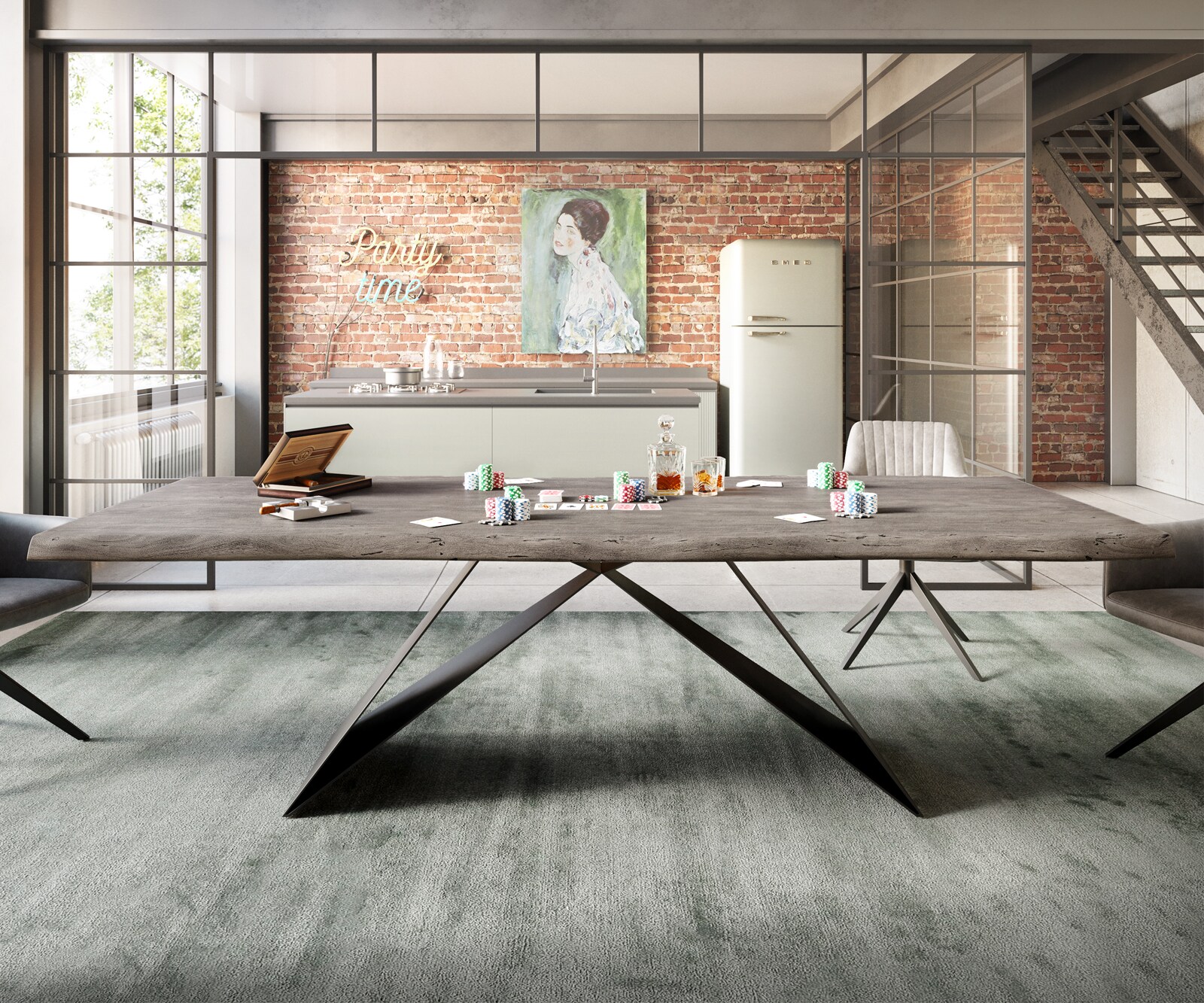 Трапезна маса Edge 260x100 XL от акация, цвят „Платина“, V-образна рамка от плоска стомана, черна, с естествени ръбове 5