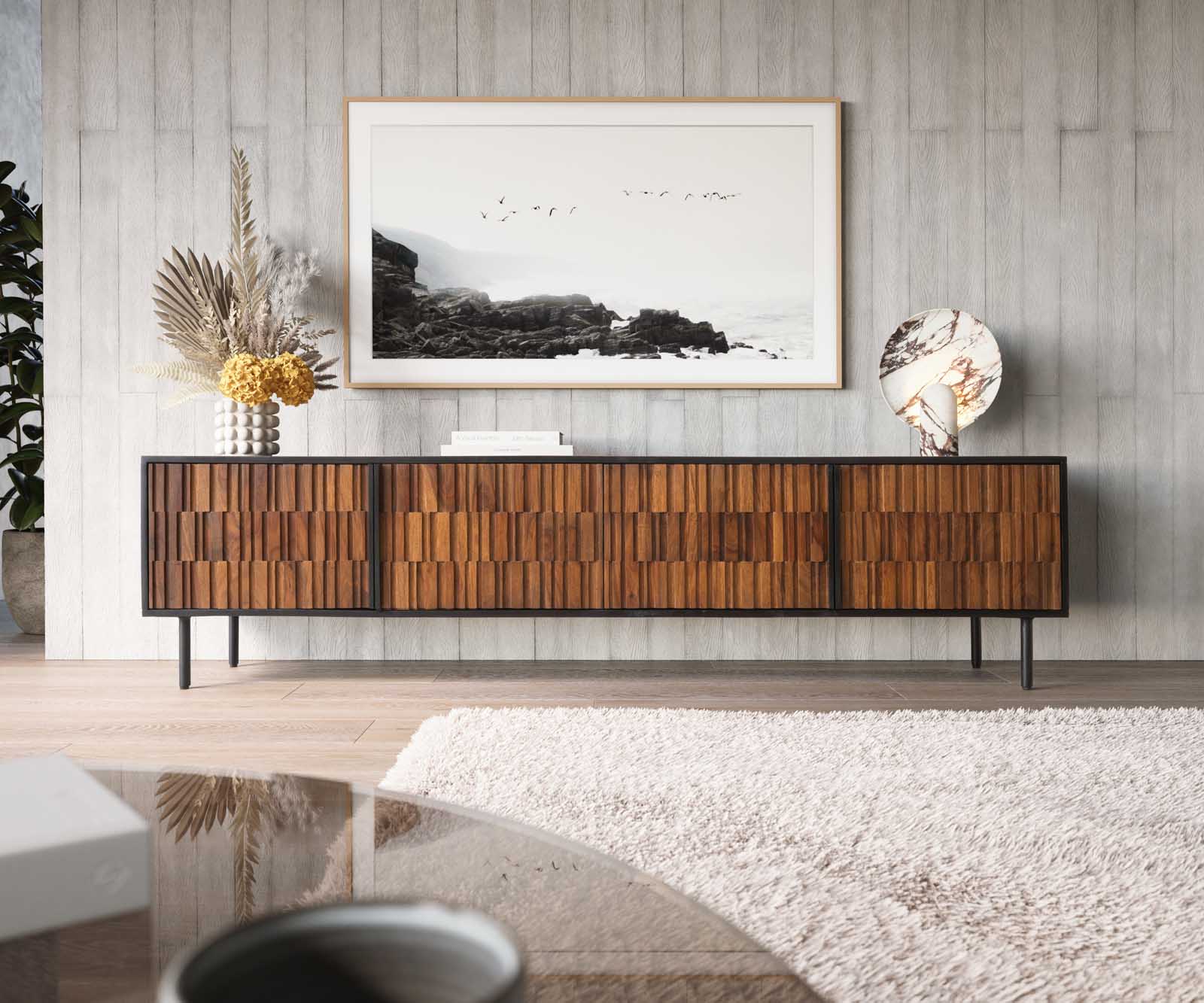 ТВ шкаф Kallam 200 cm шишам орех манго черно метал черно 4 врати 2