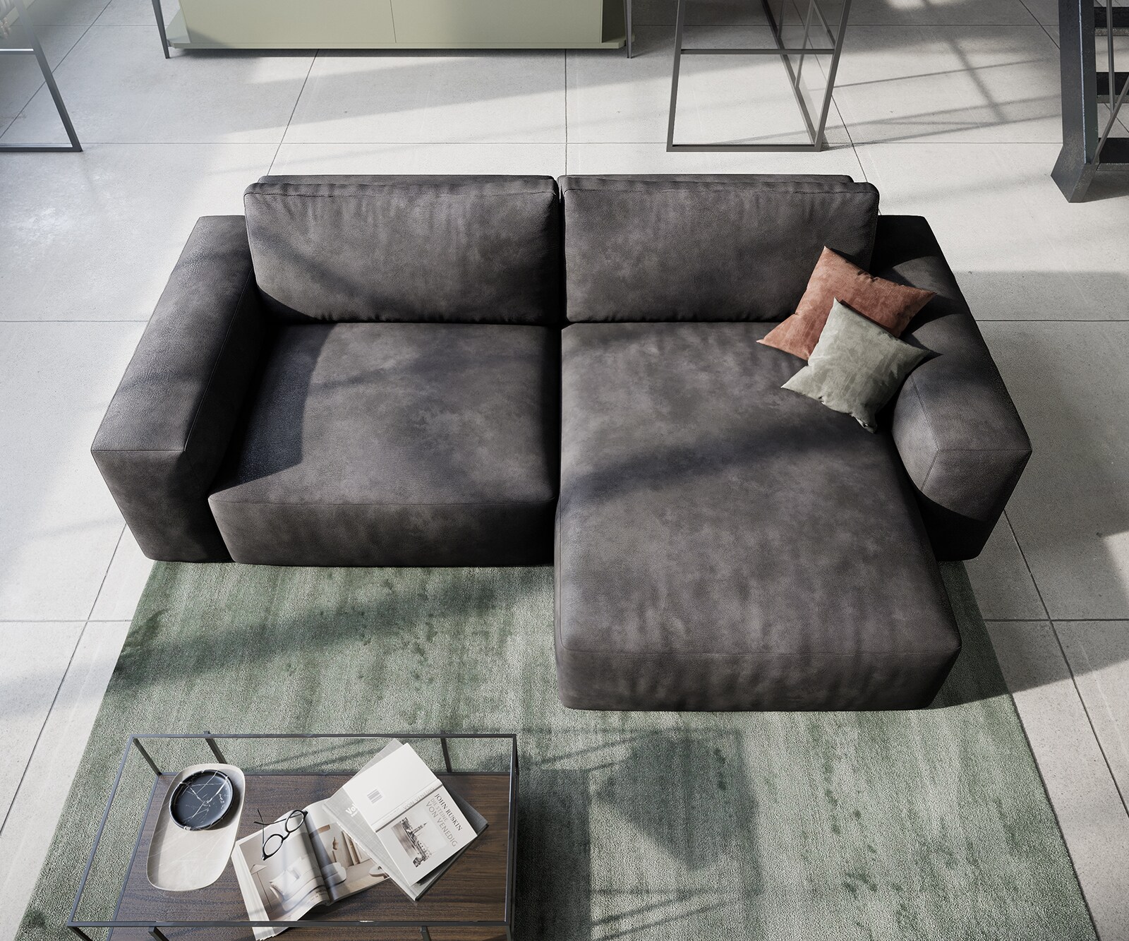 Ъглов диван Lanzo L 230x155 см Имитация на кожа, Винтидж Антрацит, Лява/Дясна Лежанка 3