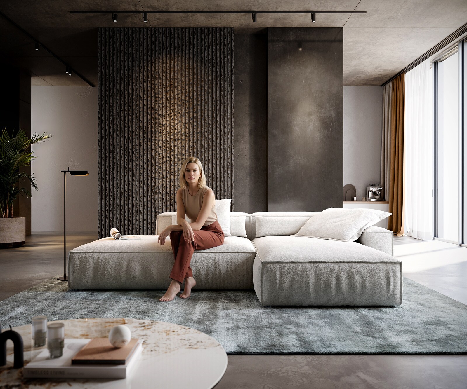 Ъглов диван Freestyle 310x200 cm Bouclé Soft Beige с тръбен шев