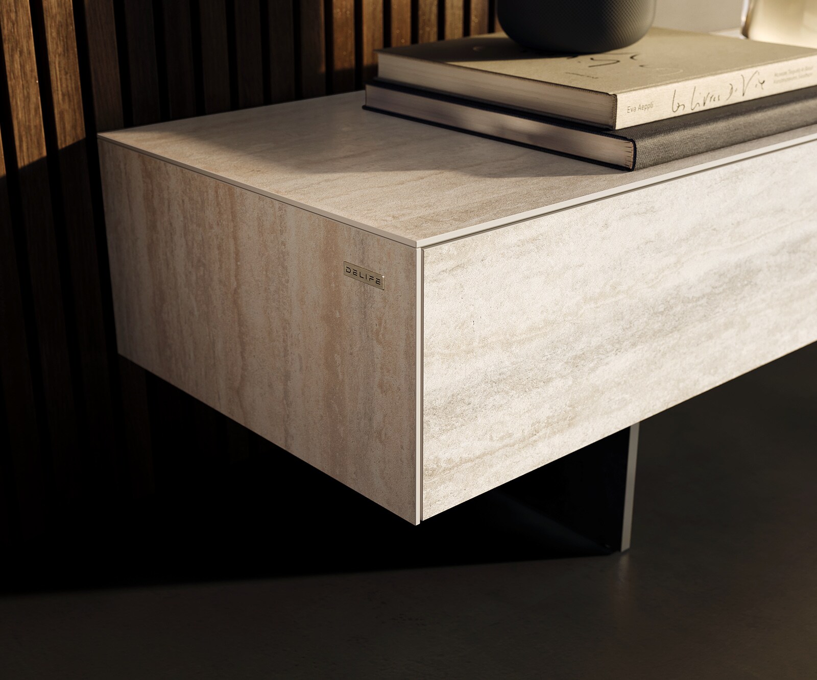 Ниска дъска Cuor 250 cm Керамичен ламинат® Travertino Bianco Крем-бяло 1 клапа 1 чекмедже Основа Плаващ вид Метал Черен 6