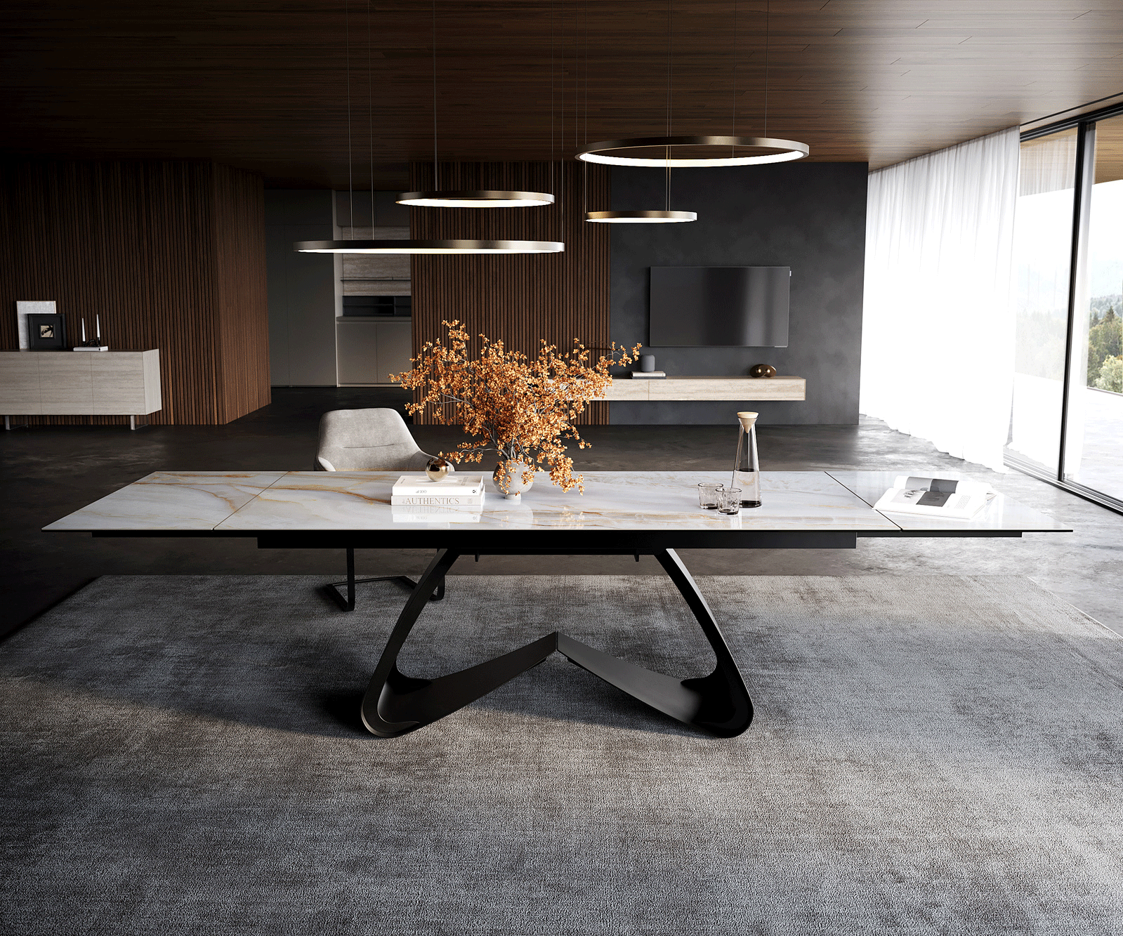 Трапезна маса Edge 200–300 × 100 см, керамика „Onyx Pearl“, метална рамка „W“ в черен цвят, разтегаема 1