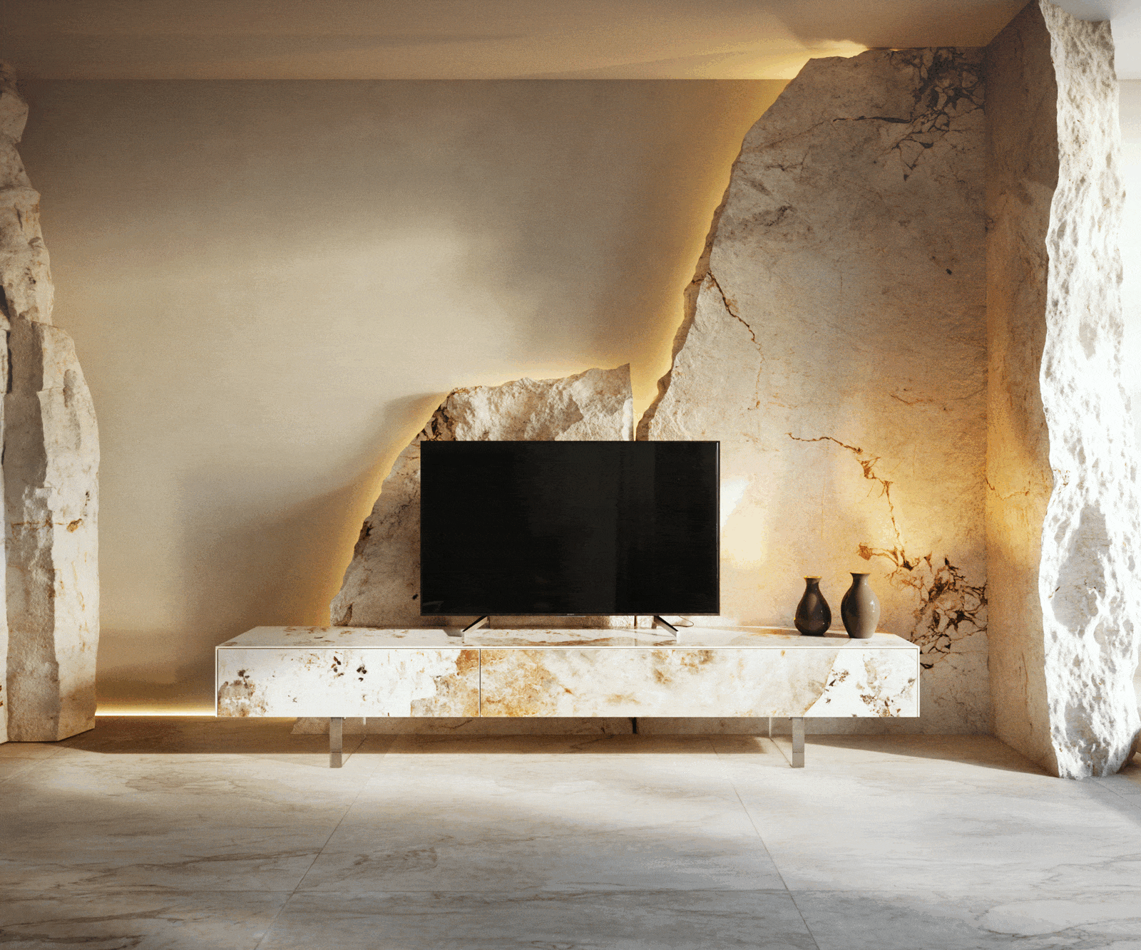 Ниска дъска Cuor 200 cm Керамика Minas Melange Бяло-бежово 1 клапа 1 чекмедже Основа Плаващ вид акрилно стъкло 5