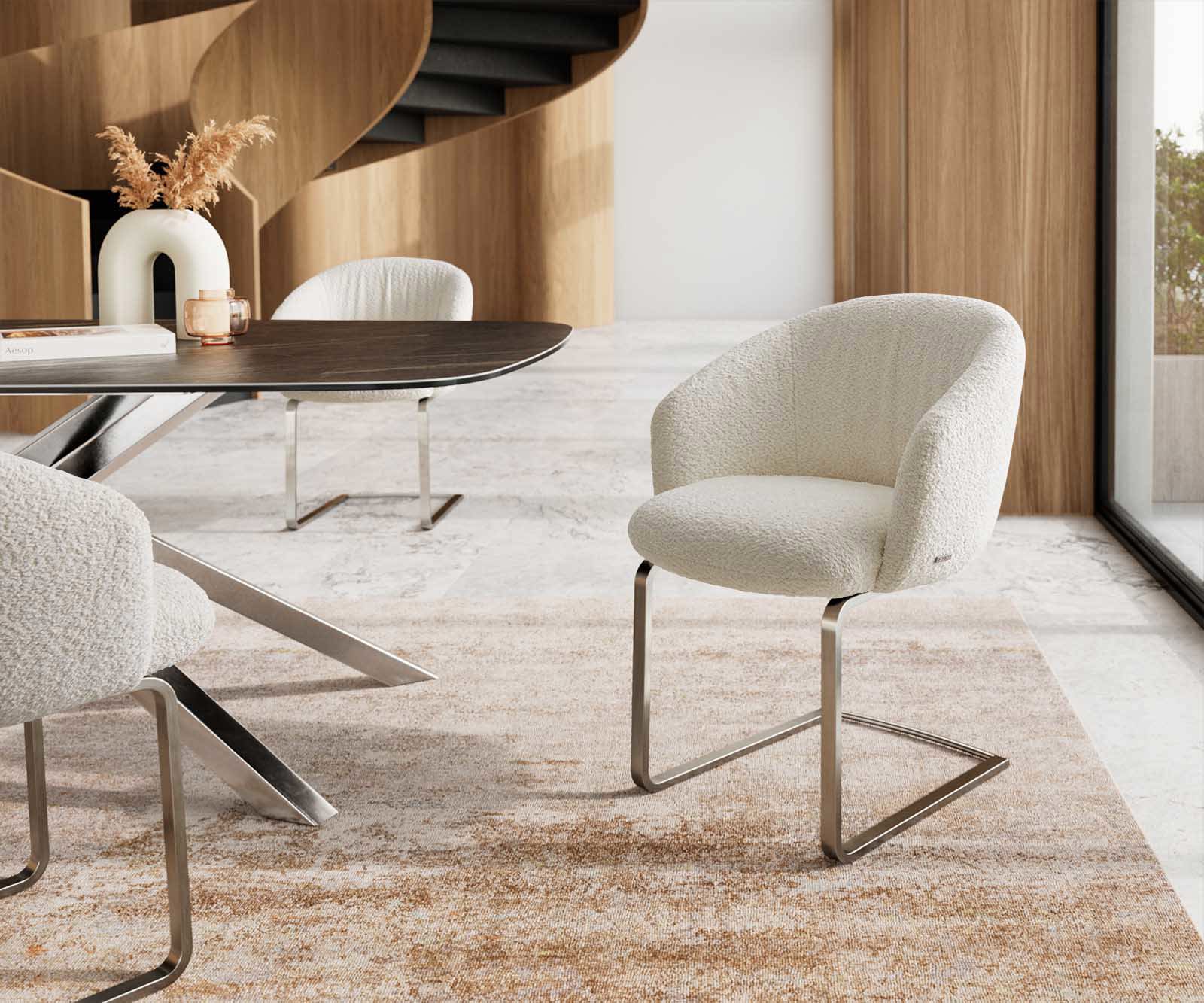 Люлеещ стол с подлакътници Букле Бял Конзолен крак плосък Неръждаема стомана Покет пружина Caja-Flex Люлеещ стол с подлакътници Букле Бял Конзолен крак плосък Неръждаема стомана Покет пружина Caja-Flex