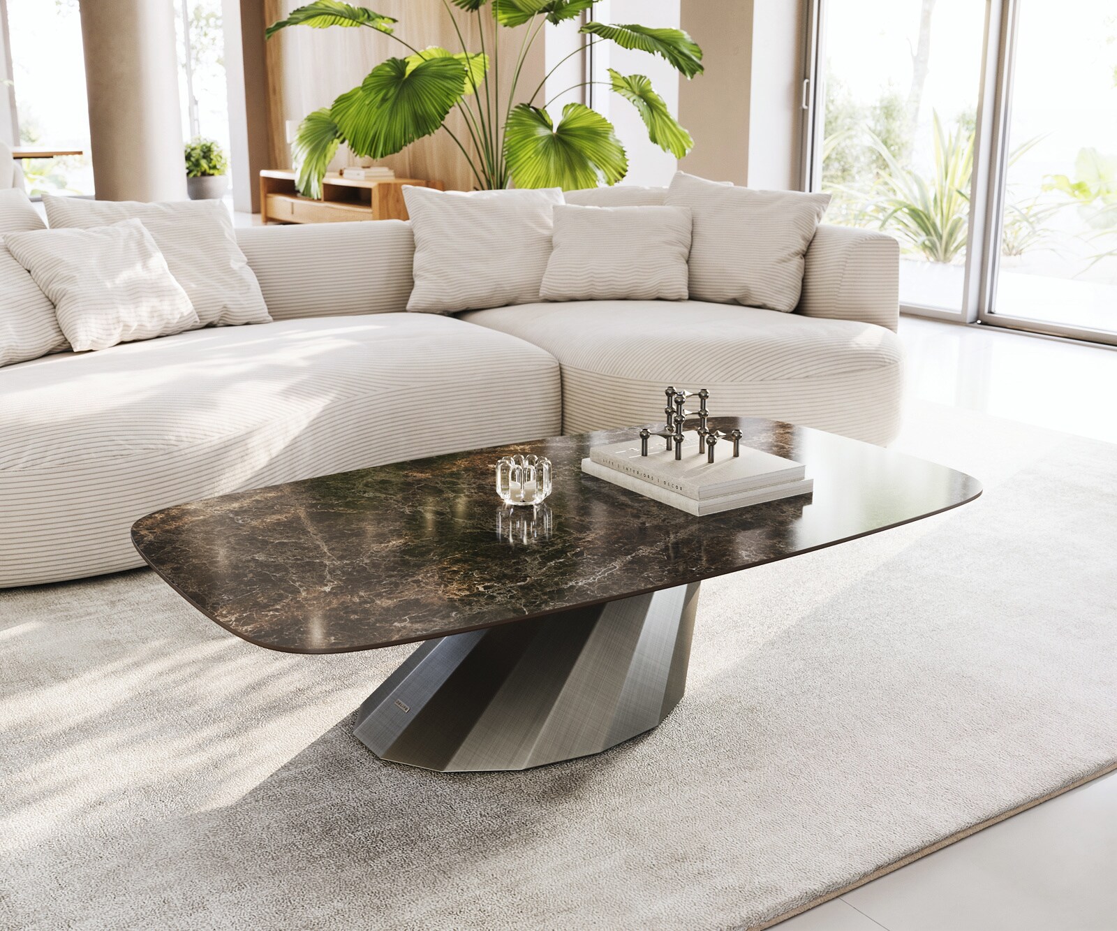 Масичка за кафе Edge Boot 140x80 cm керамика Laminam® Emperador Extra Lucidato Тъмно кафяво Parabi Сребрист металик 1