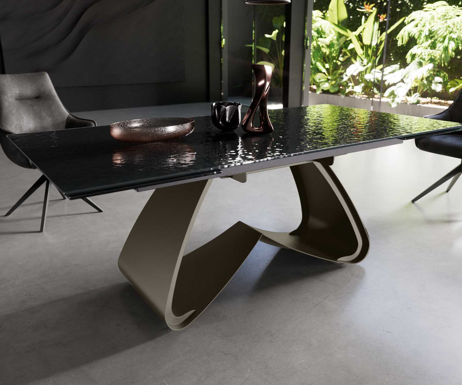 Маса 200-300x100 РелефноСтъкло ОпушеноЧерен 3D-Design W-Рамка Effektfinish Titan разтегателна Edge 3