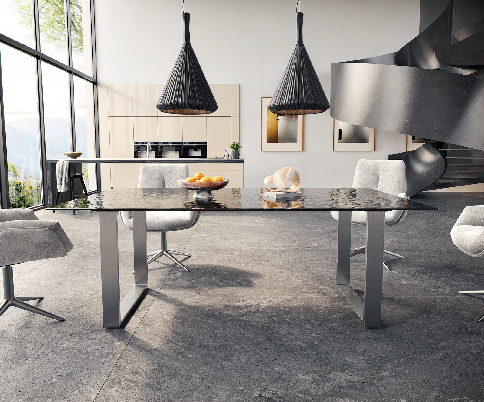 Трапезна маса Edge 200x100 релефно стъкло пушено черно 3D дизайн неръждаема стомана тясна 1 Трапезна маса Edge 200x100 релефно стъкло пушено черно 3D дизайн неръждаема стомана тясна 1