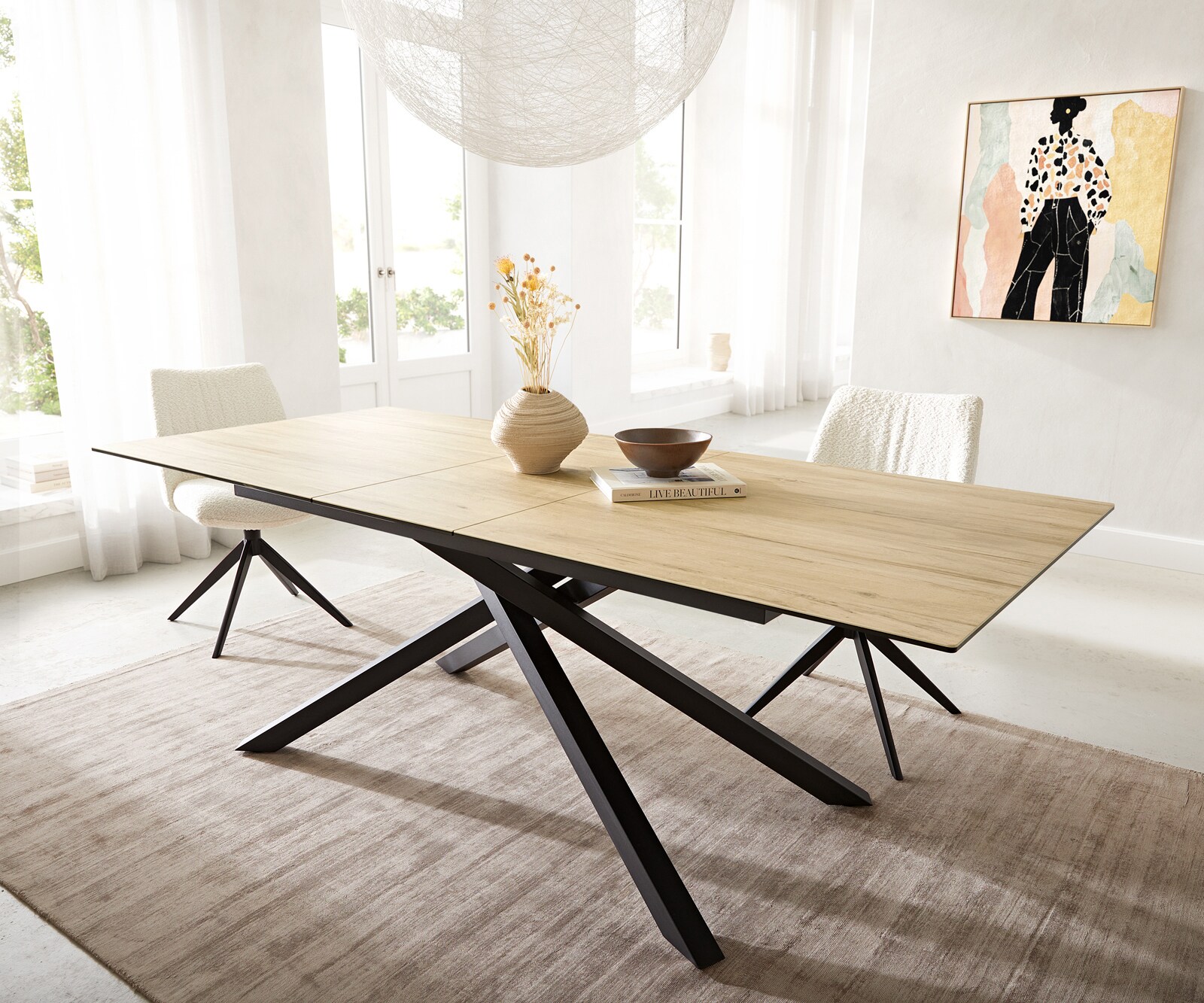 Разтегателна трапезна маса Edge 180-220х100 см Керамика Laminam® Sabbia цвят Дъб Кръсртовидна основа Черен цвят 2