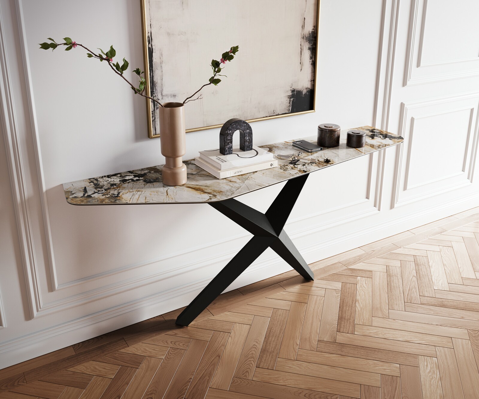 Конзолна маса Edge Polygonal 180x50 см, керамика Patagonia, полирана, Zentharo, метал, черна 1