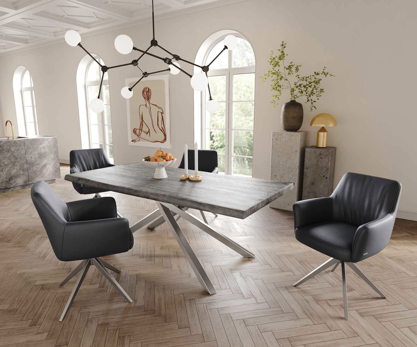 Врътящ се стол с подлакътници Естествена кожа Черен Конус крак плосък Неръждаема стомана 360° въртящ се Покет пружина Xana-Flex 4 Врътящ се стол с подлакътници Естествена кожа Черен Конус крак плосък Неръждаема стомана 360° въртящ се Покет пружина Xana-Flex 4