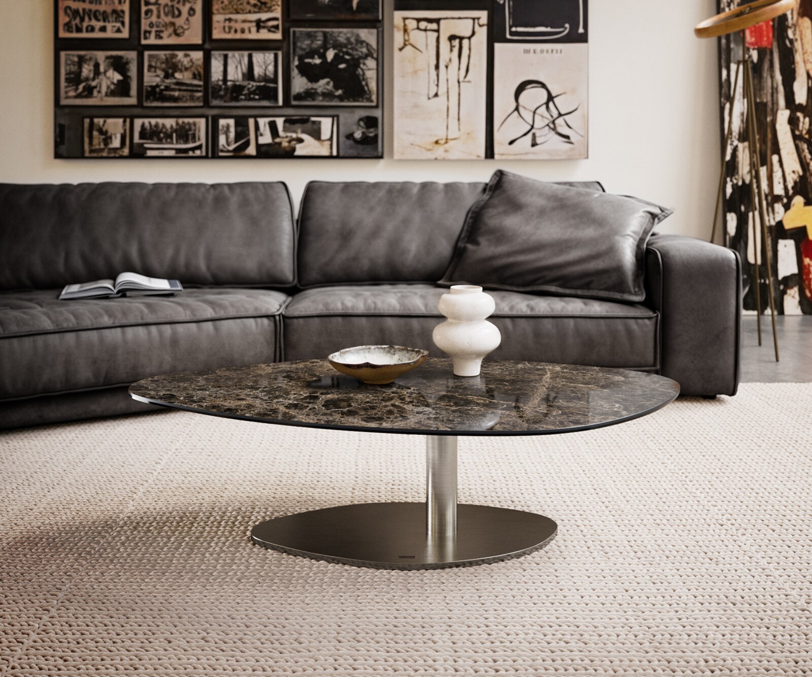 Масичка за кафе Edge Organic 140x76 cm Керамичен ламинат® Emperador Extra Lucidato Тъмно кафяво Vibany Матирана неръждаема стомана 1