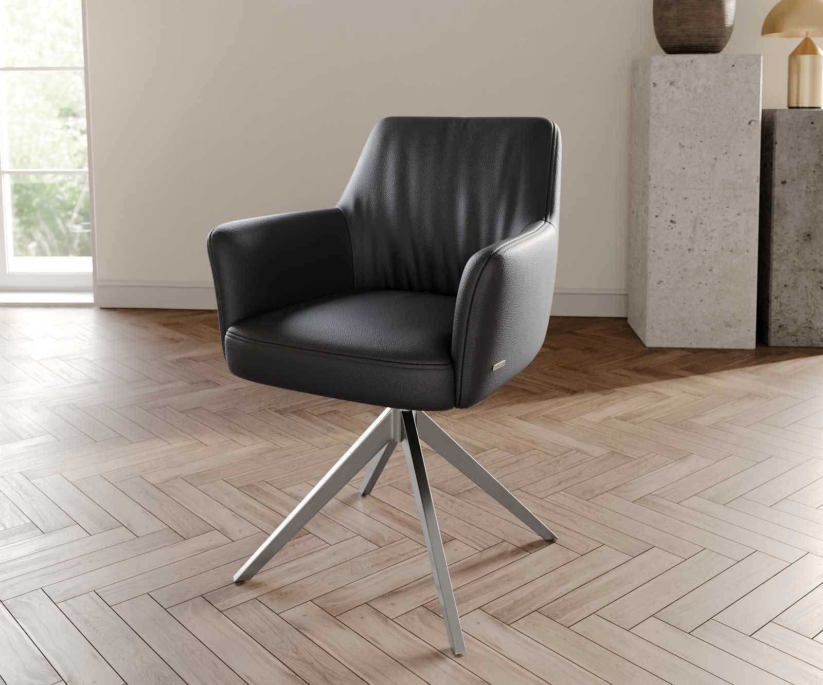 Врътящ се стол с подлакътници Естествена кожа Черен Конус крак плосък Неръждаема стомана 360° въртящ се Покет пружина Xana-Flex Врътящ се стол с подлакътници Естествена кожа Черен Конус крак плосък Неръждаема стомана 360° въртящ се Покет пружина Xana-Flex